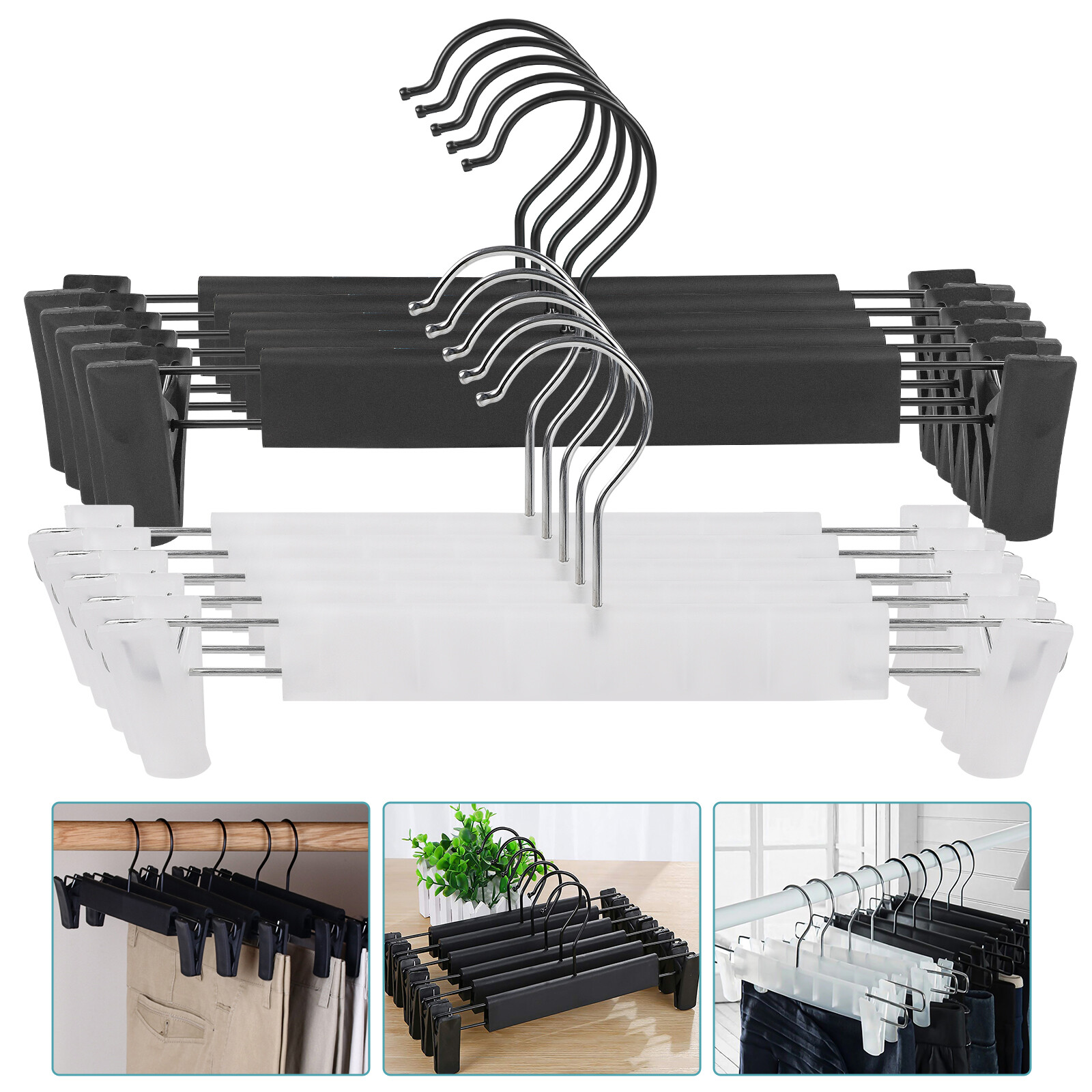 10PCS Plastic Clothes Skirt Pants Hangers Metal Hooks Pinch Clips Black White