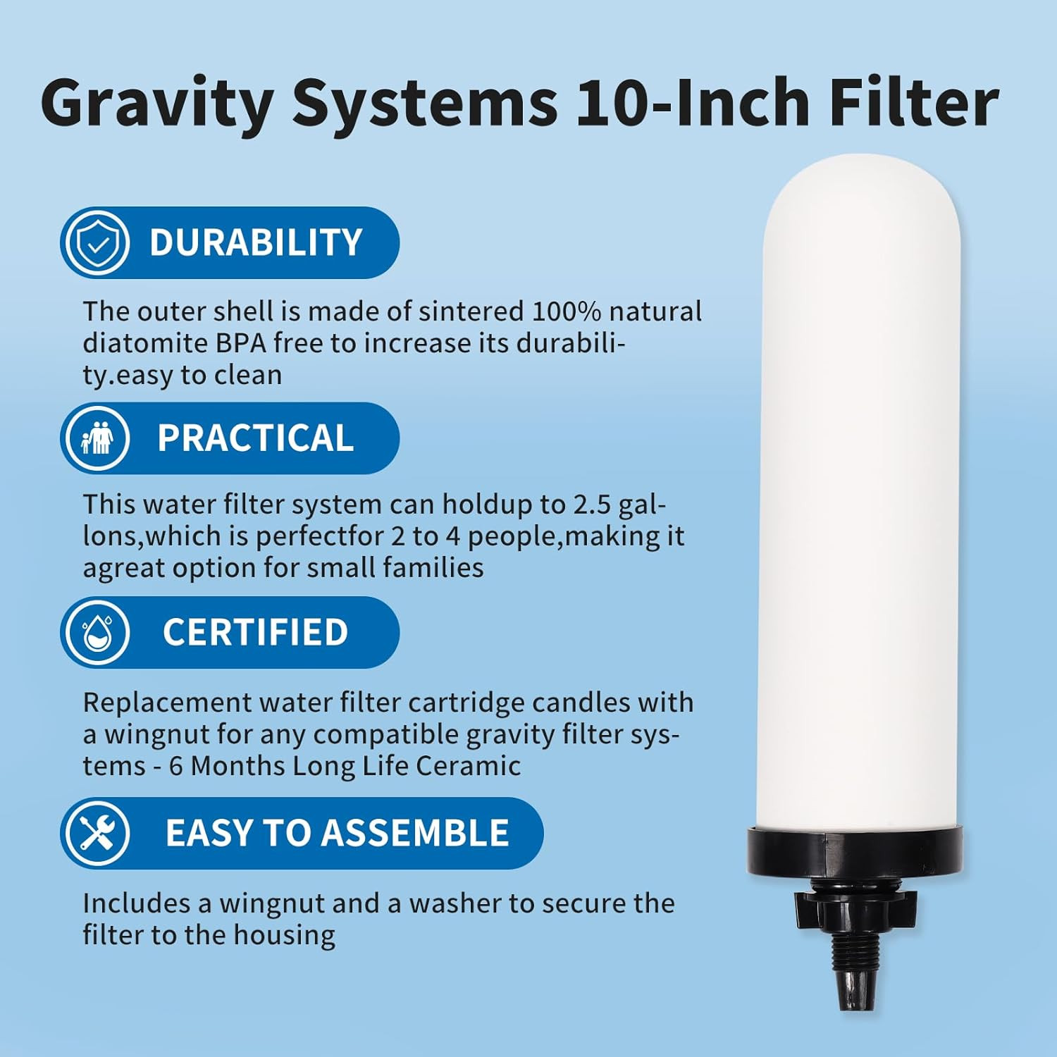 2 Pack 7in Ceramic Water Filter Candle Activated Carbon Gravity Filter System