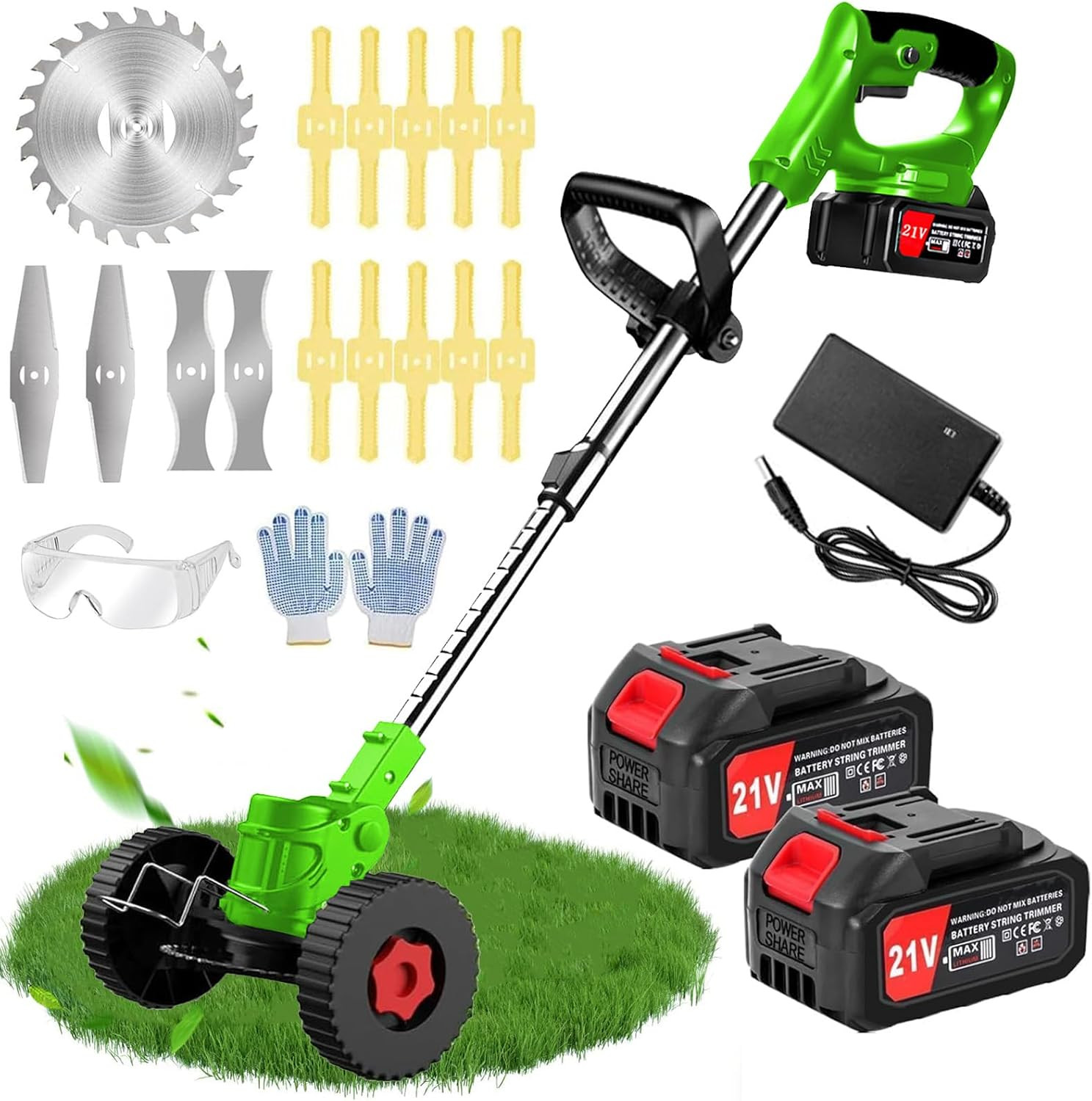 Stringless Weed Wacker Electric Weed Wacker Cordless with Wheels, 2pcs Batteries