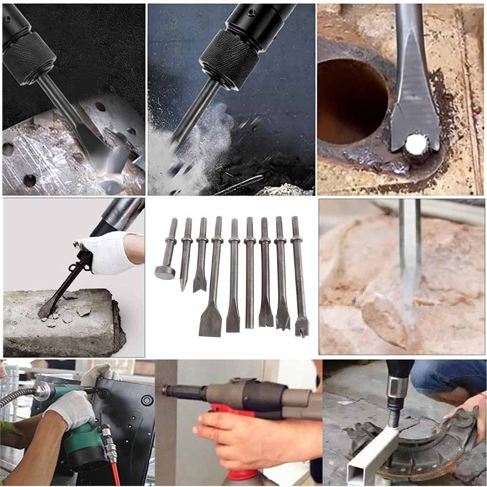 9 Piece Air Hammer Chisel Set Air Hammer Punch Chipping Bits Set 0.39In Shank