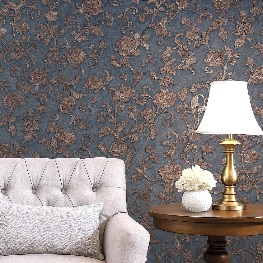 Dark Teal green blue bronze metallic plaster textured floral damask Wallpaper 3D