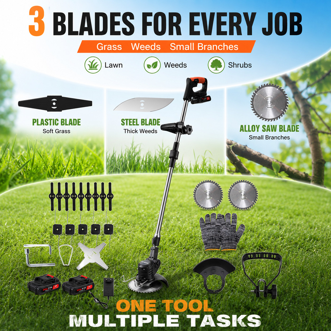 Cordless Grass Trimmer Weed Wacker Lawn Edger 3 Blade Garden Cutter 24V
