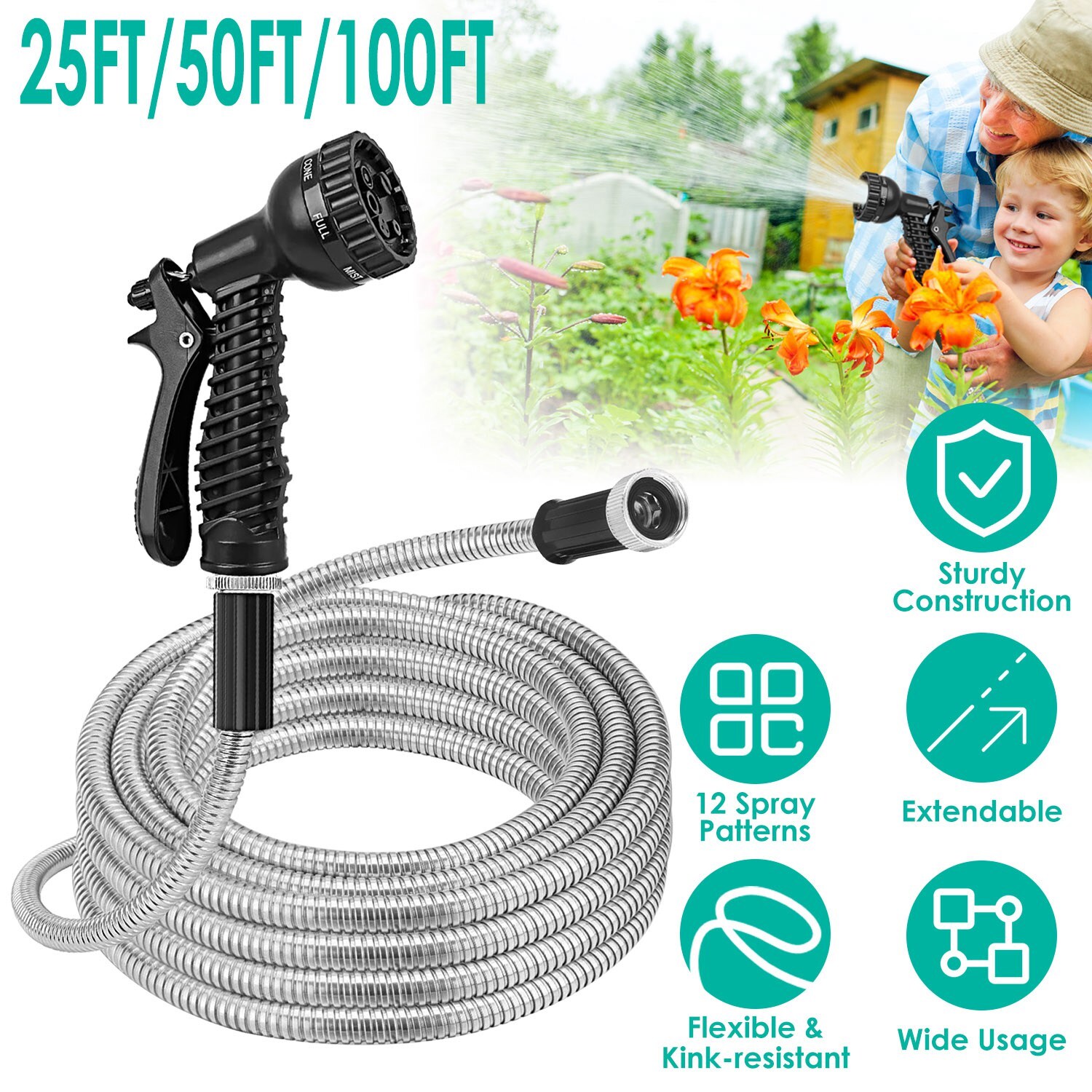 25-100FT 3/4″ Stainless Steel Metal Garden Water Hose Pipe Flexible Heavy Duty