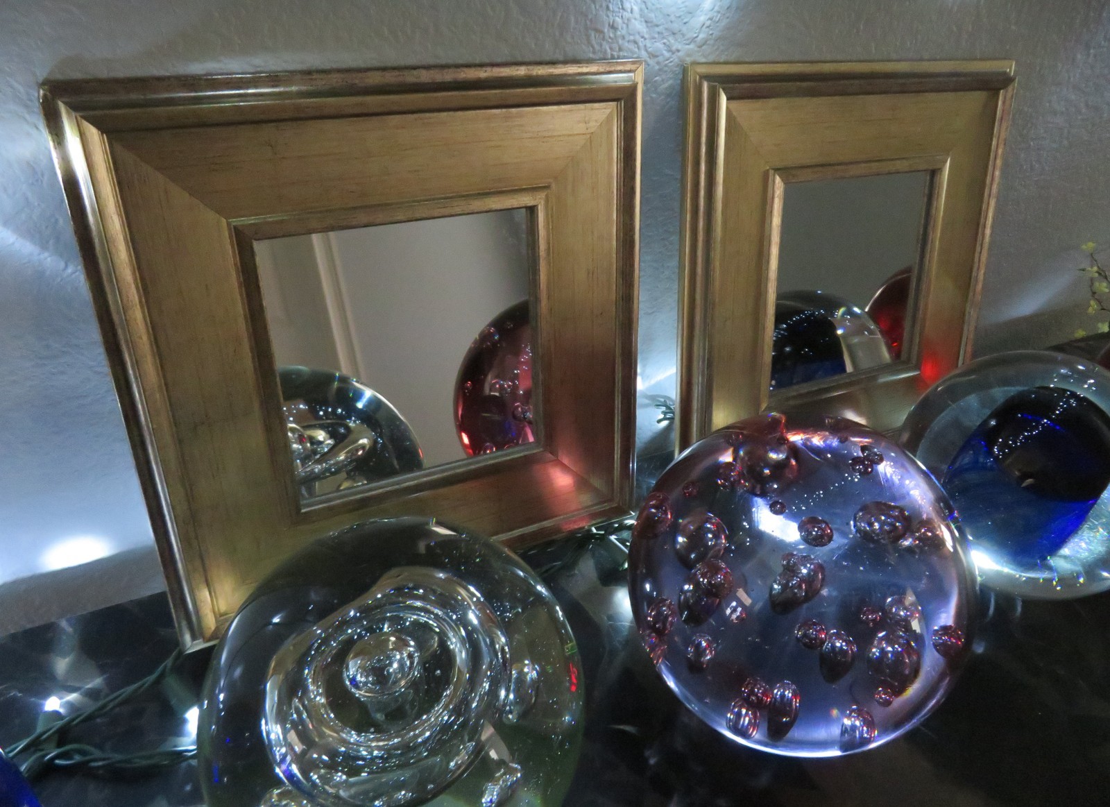 Pair Regency Square Wall Mirrors Framed In Beveled Gold Plastic Wood-Look 9.8 In