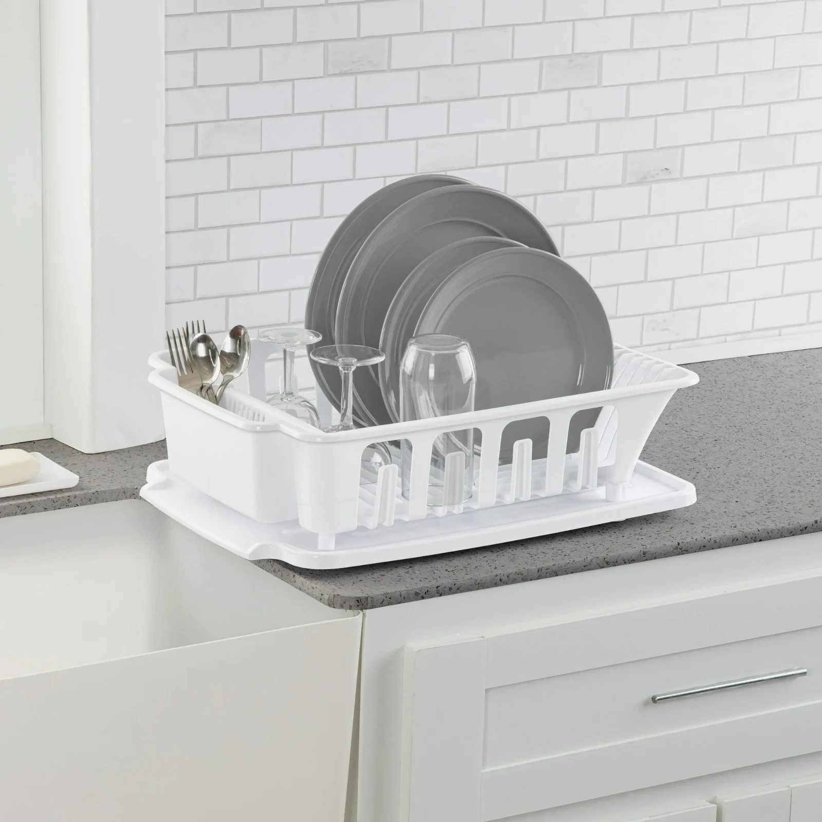 STERILITE 2-Piece Large Sink Set Dish Rack Drainer, White (18 L x 13 3/4″ W x 5