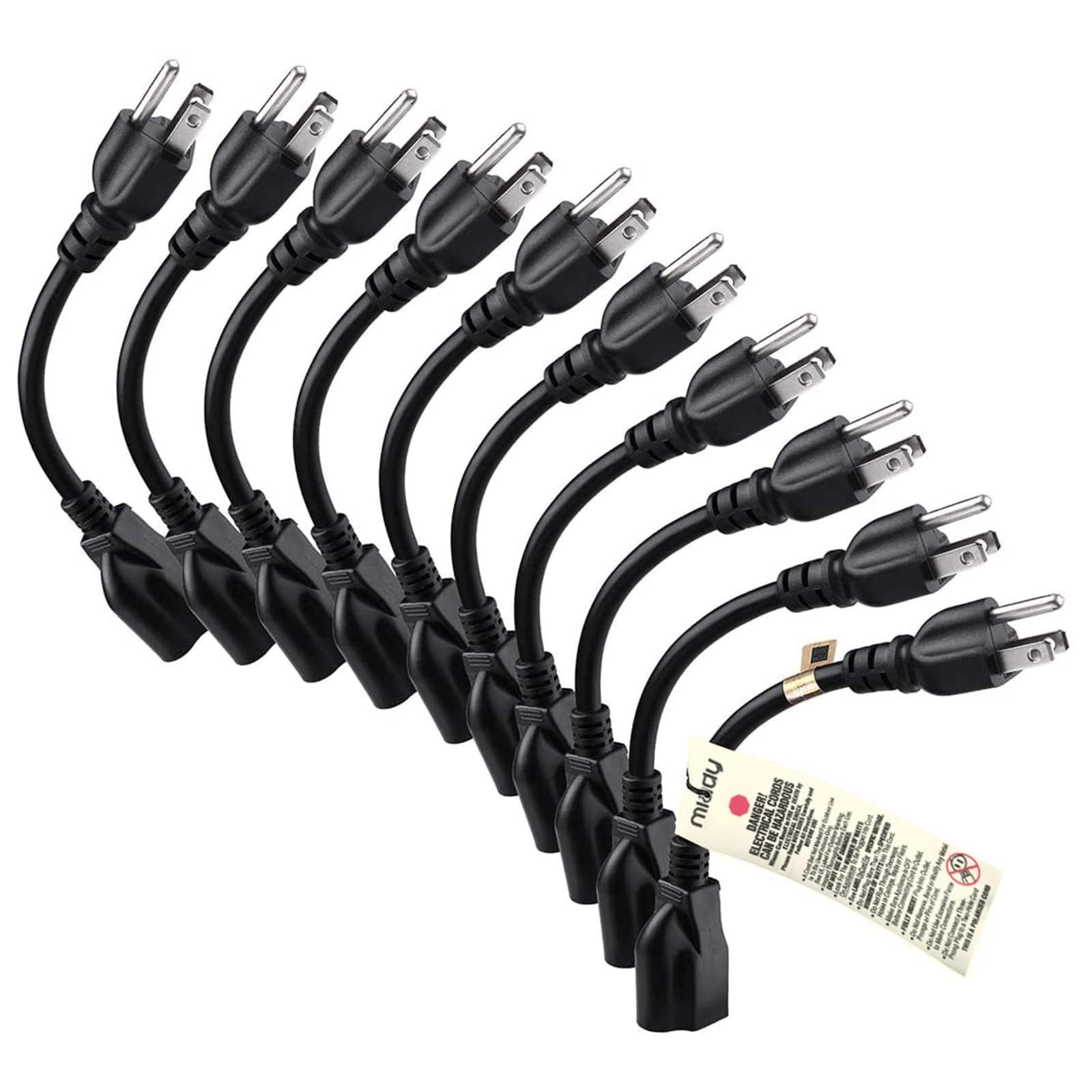 Short Power Extension Cord, 16AWG 3 Prong Outlet Saver, 8 Inch, 10 Pack, Black