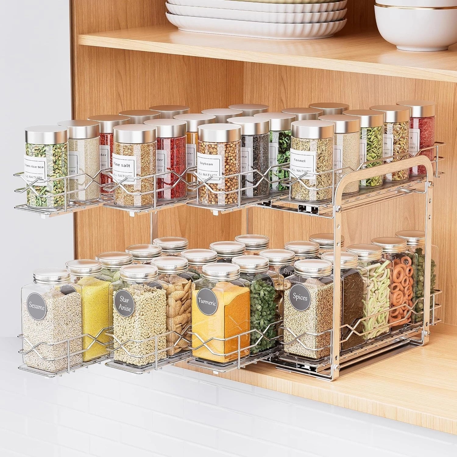Heavy Duty Chrome Spice Rack Organizer – 2 Tier Pull Out Cabinet Storage, 11″W
