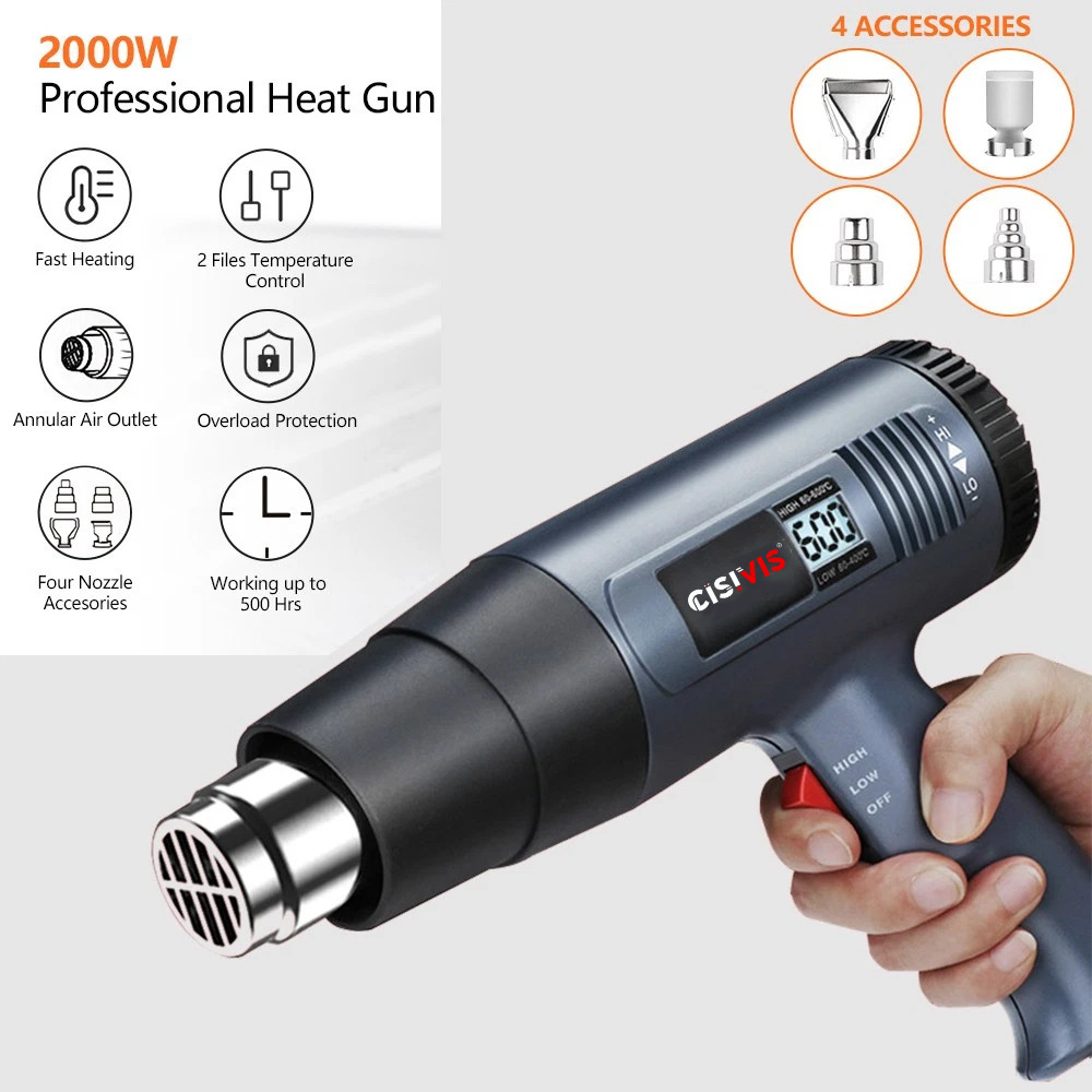 2500W Heat Gun Electric Hot Air Gun Dual Temperature LCD Display 4 Nozzles Tool