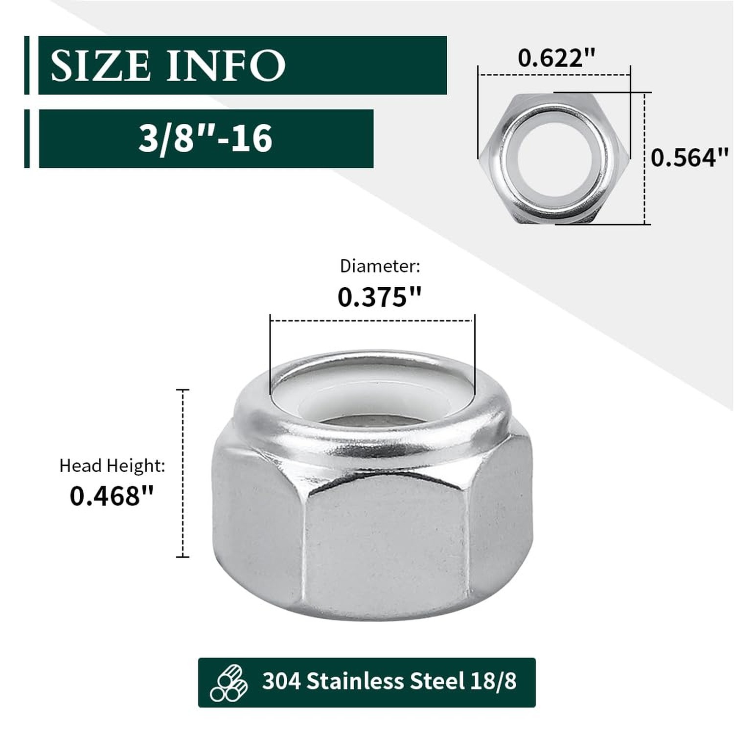 3/8″-16 Nylon Insert Hex Lock Nuts, Allen Hex Drive, 304 Stainless Steel 18-8…