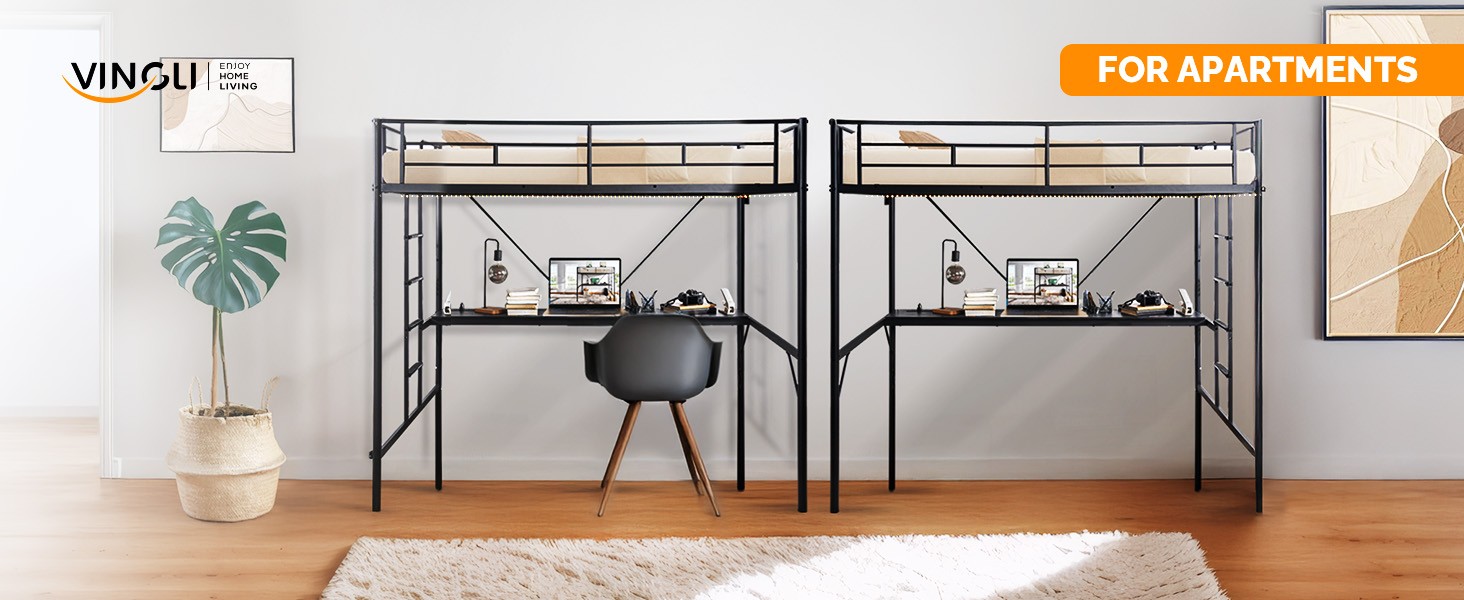 Full Size Metal Loft Bunk Bed Frame for Kids Teens Adults with Desk Underneath,2