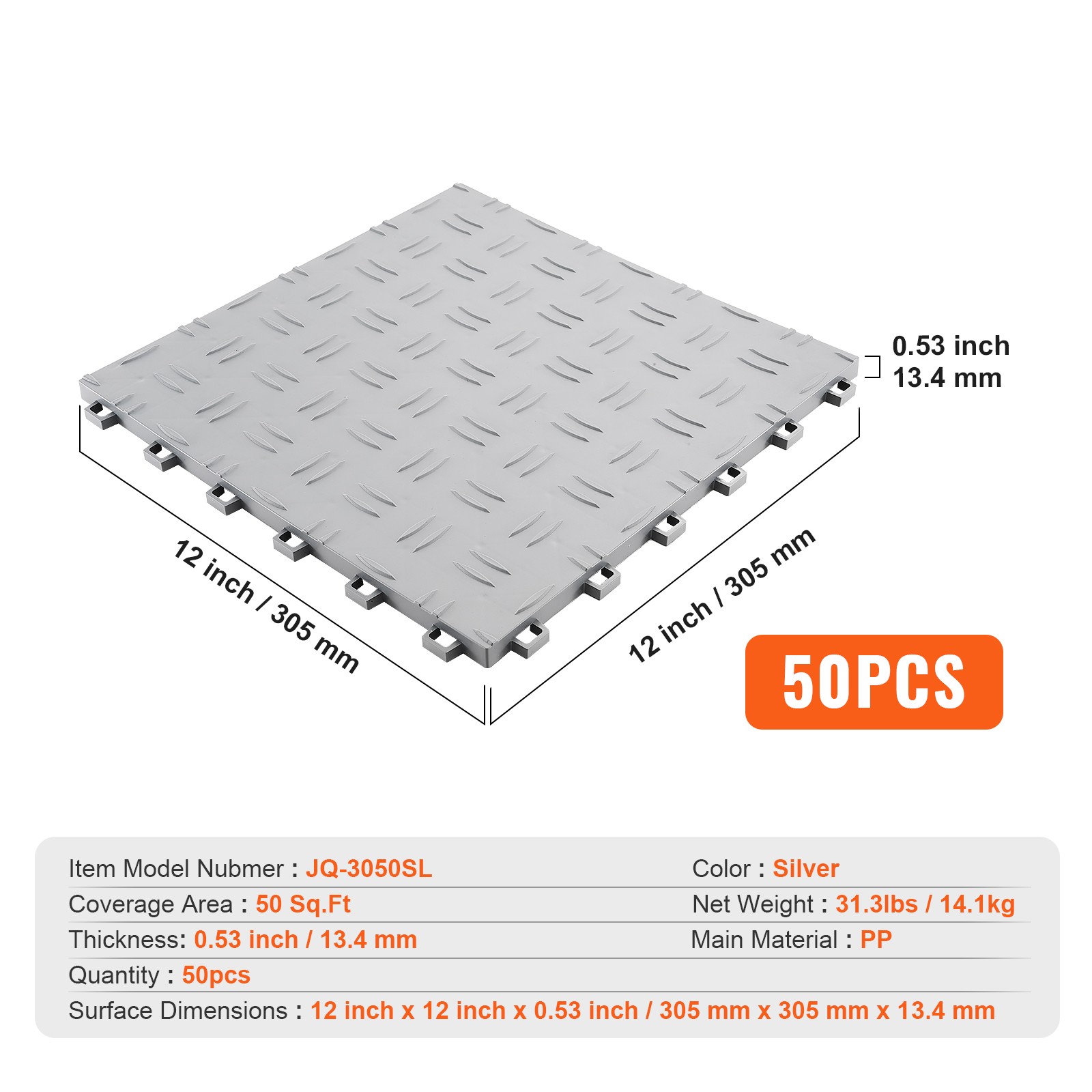 VEVOR Garage Flooring Tiles Interlocking 12×12″ 50 Pack Bulk 50 sq.ft Silver