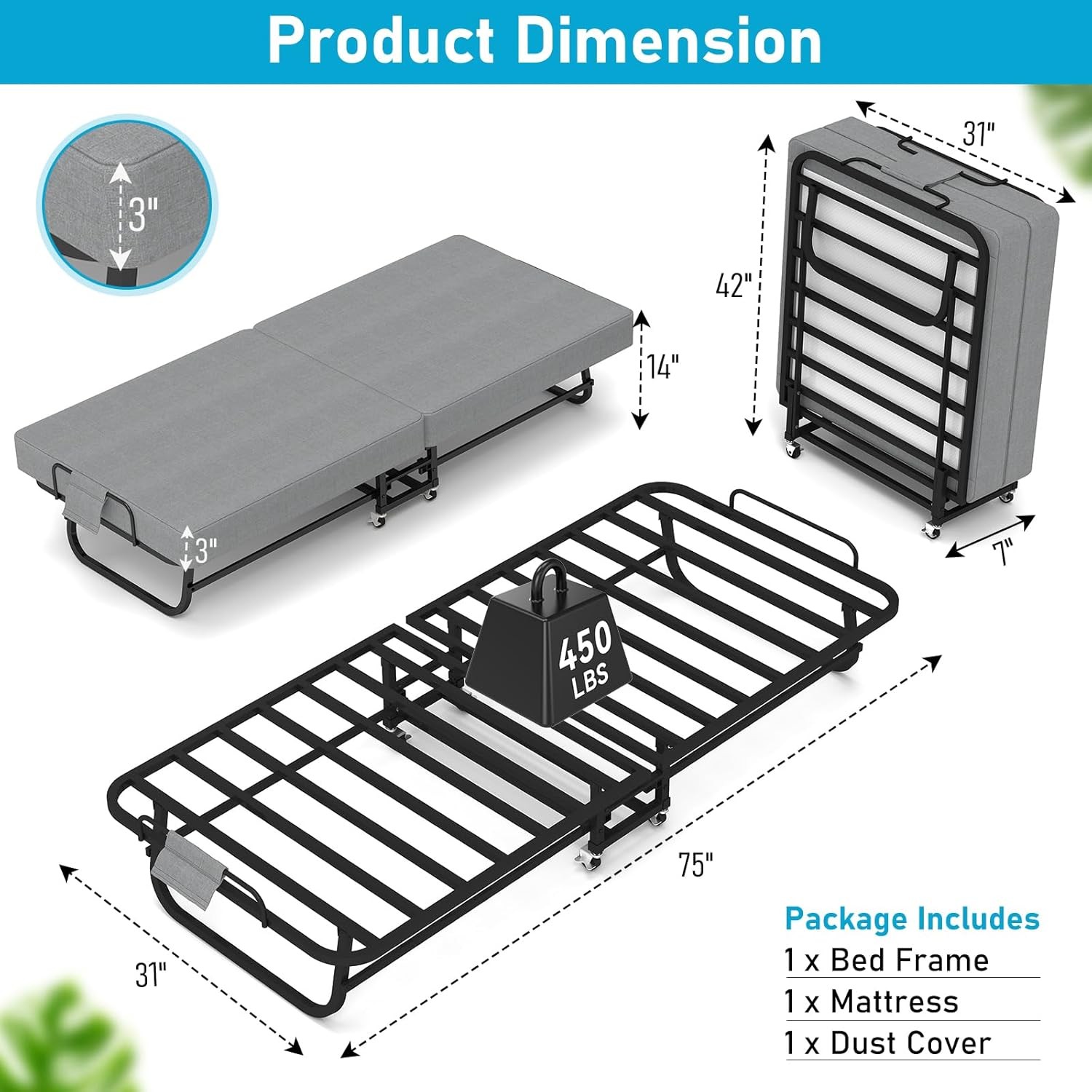 Portable Folding Bed with Memory Foam Mattress Rollaway Metal Frame Guest Bed