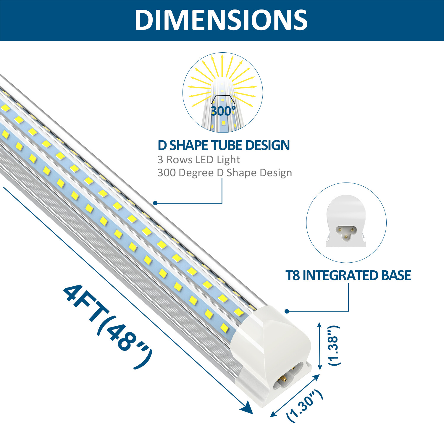 Integrated T8 4FT LED Shop Light Fixture 6500K 4Foot LED Tube Light Bulb 36W 60W