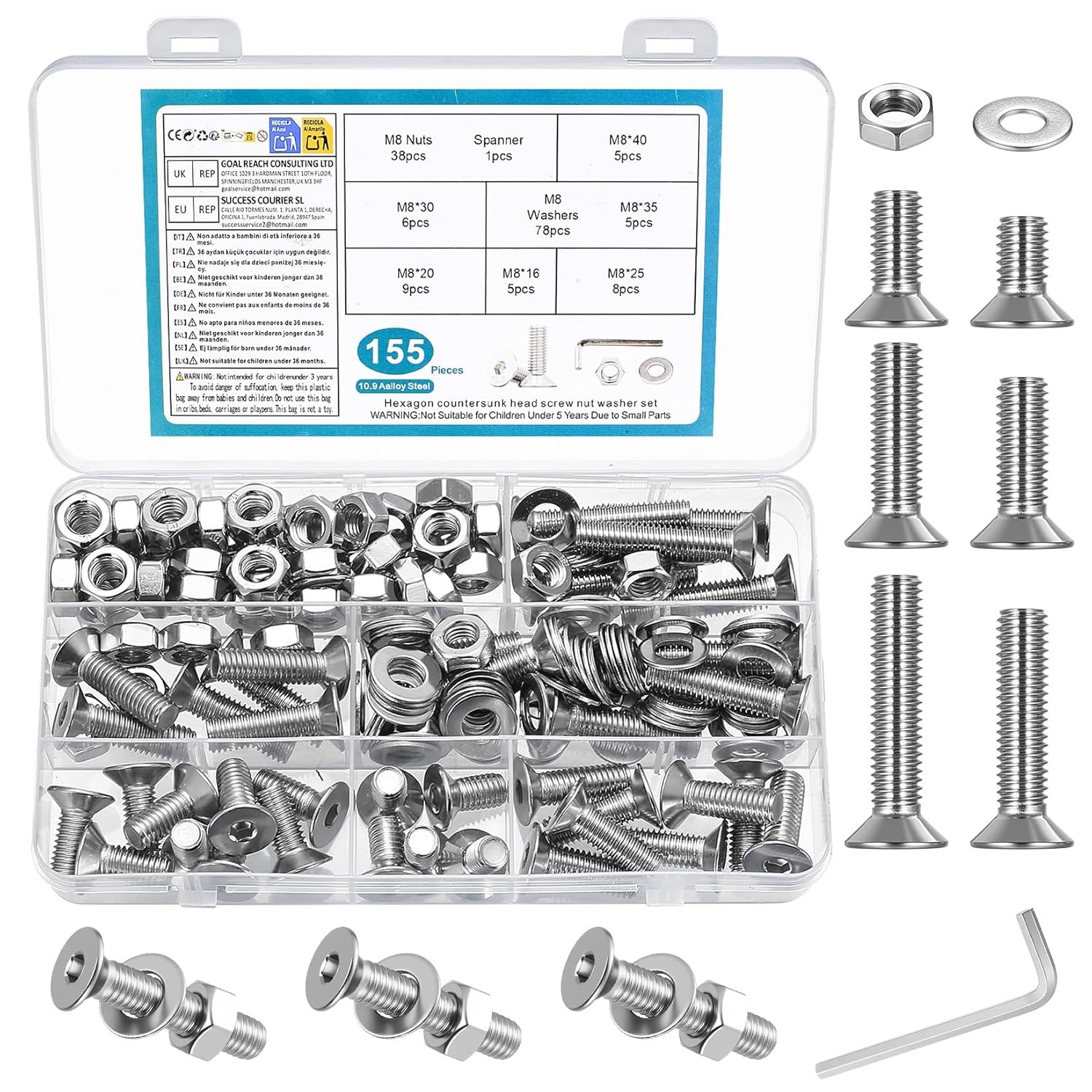 M3M4M5M6M8 Hex Socket Head Countersunk Screws Bolts Nuts Washers Assortment Kit