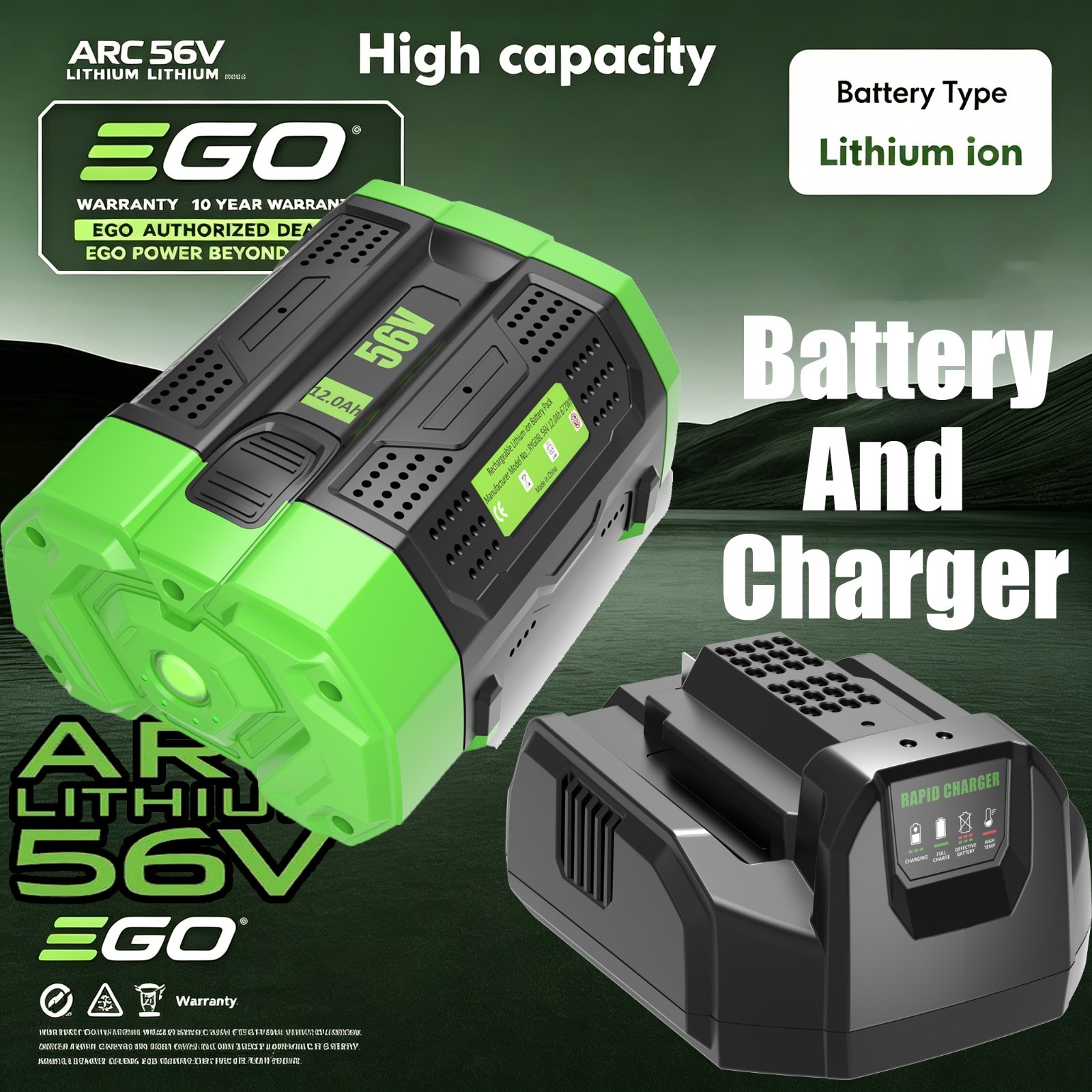 For Genuine EGO POWER+ BA2800T 56V 12 AH Battery w/ Fuel Gauge / CH2100 Charger