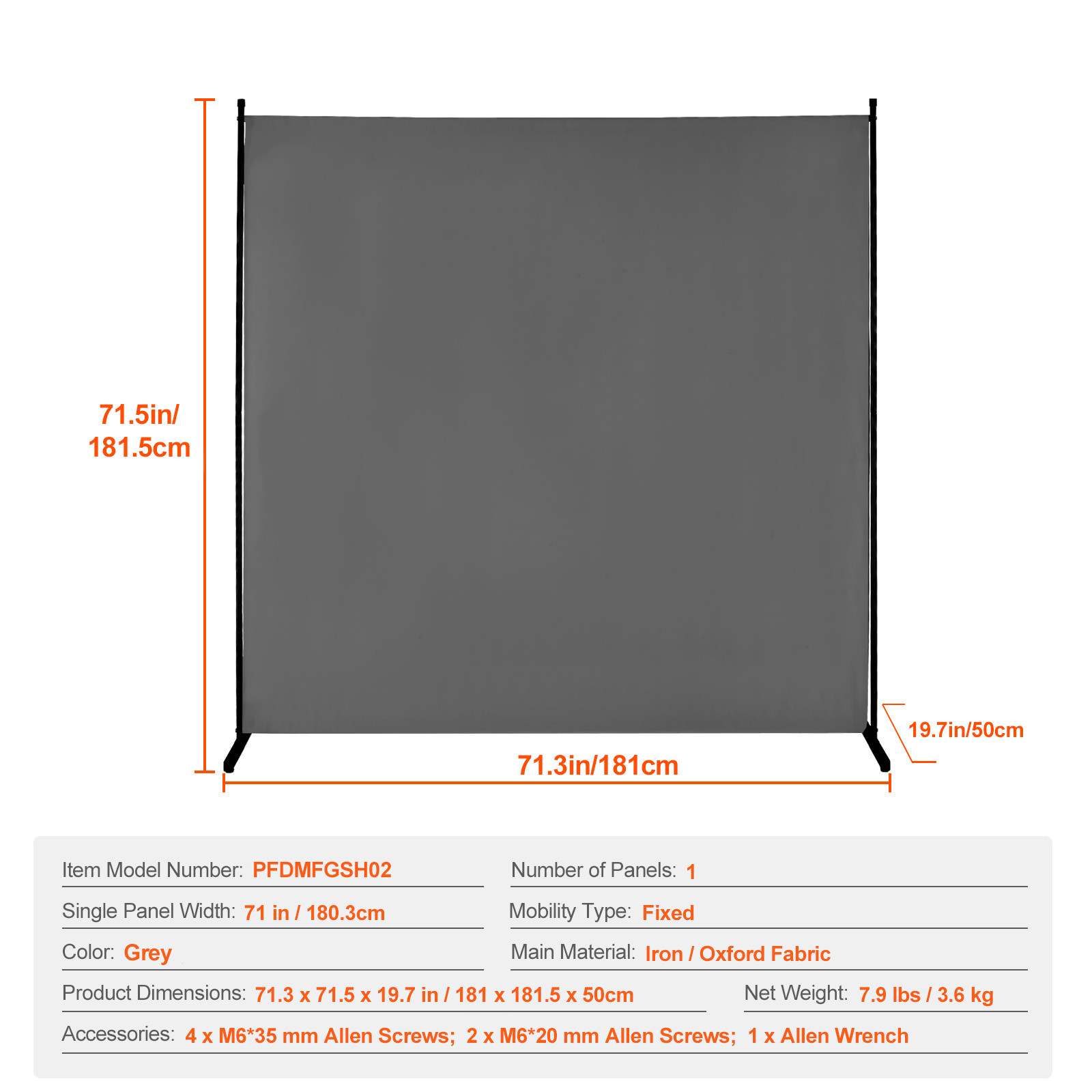 6FT Room Divider Single Panel Fabric Room Screen for Office Bedroom Grey