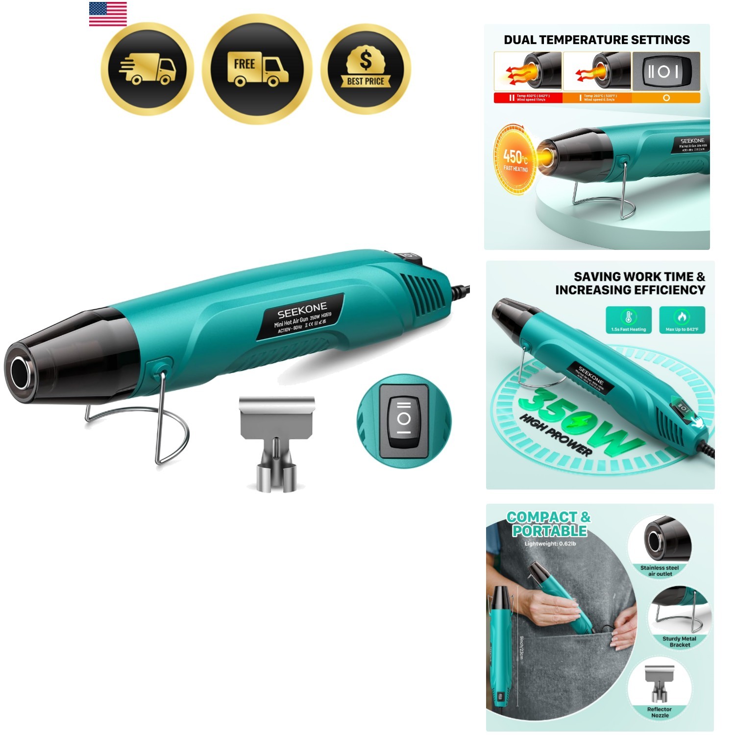 350W Mini Heat Gun, Dual-Temp Model 500℉ & 842℉（260℃ & 450℃）Fast Heat Hot Air…
