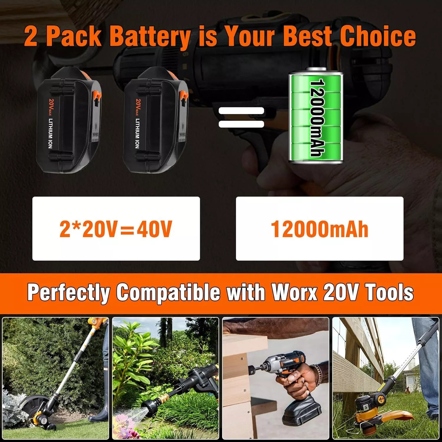 2PACK 8.0Ah For WORX 20V 8AH MAX Extend Lithium-Ion Battery WA3525 WA3575 WA3520