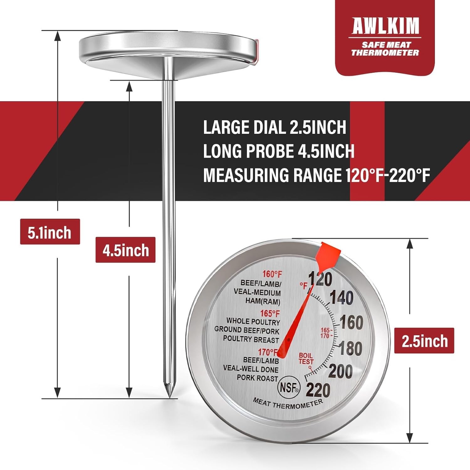 2 Pack Analog Meat Thermometer Oven Safe No Battery
