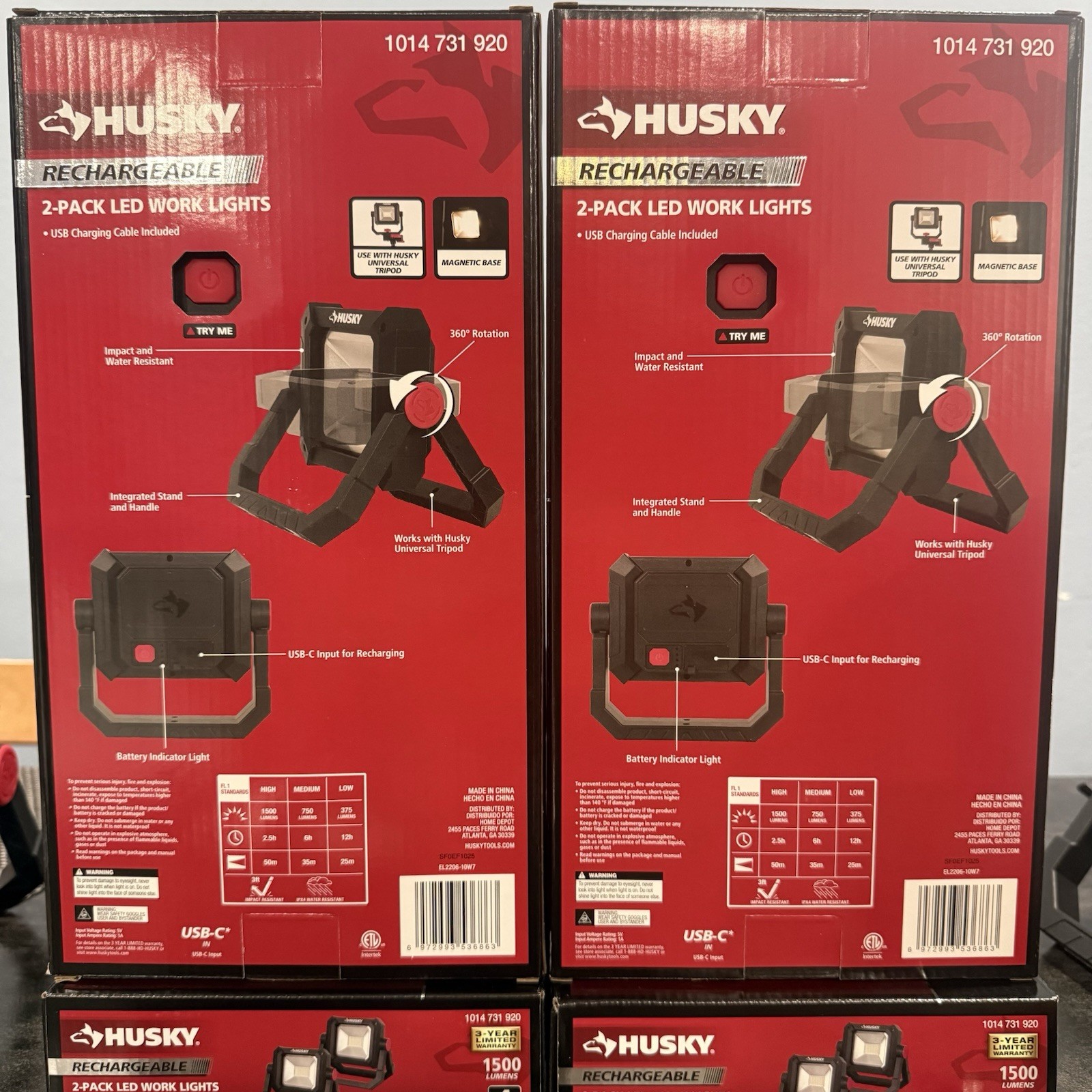 Husky 1500 Lumen Portable Rechargeable LED Work Lights 2Pack USB-C Magnetic 360°