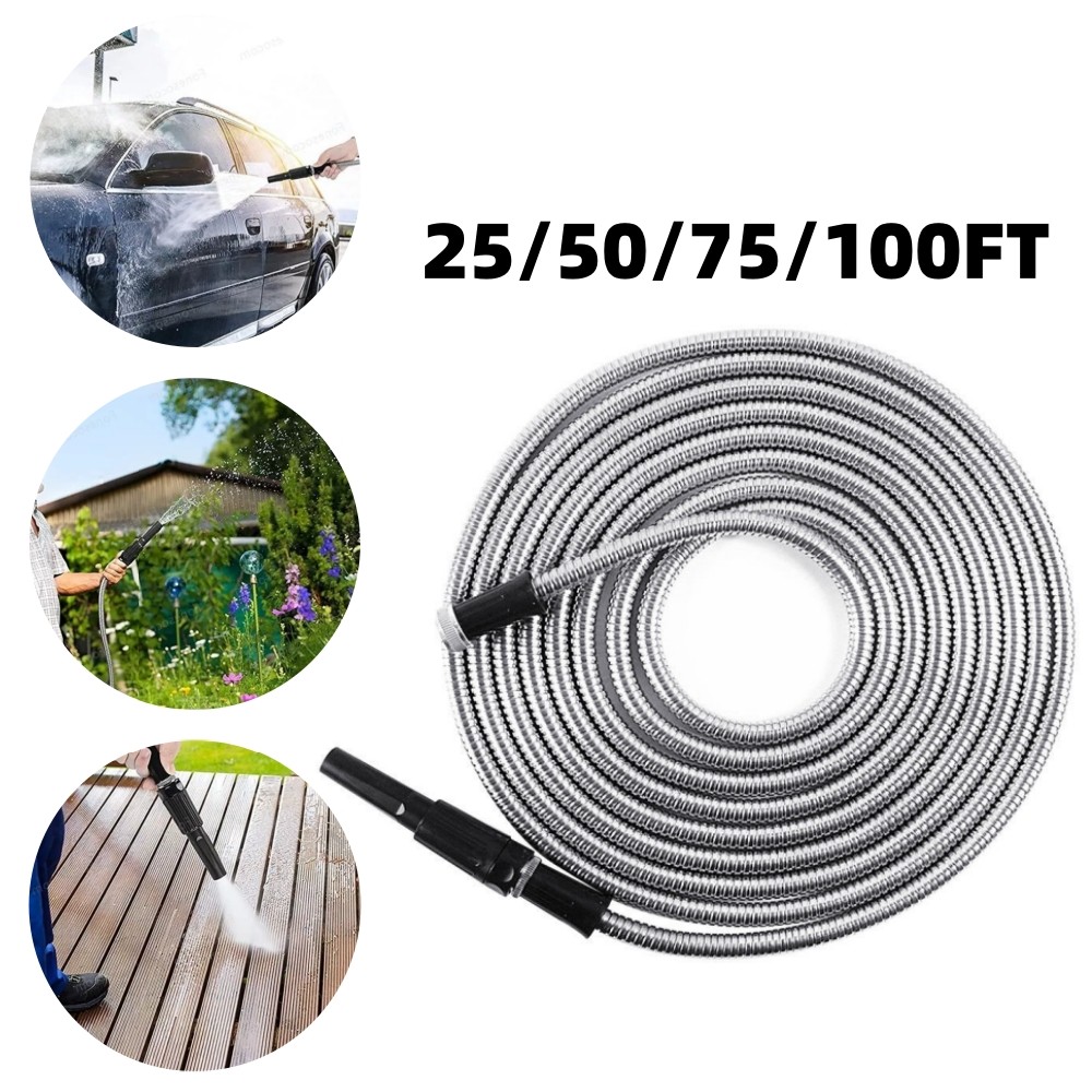 Stainless Steel Metal Garden Water Hose Pipe 25 50 75 100FT Flexible Lightweight