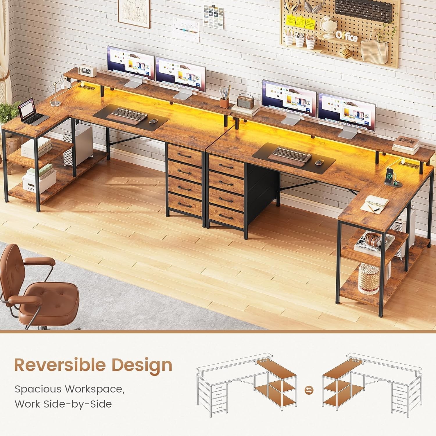 L Shaped Desk with 4 Drawers &Storage Shelves, Corner Computer Desk w/LED Lights