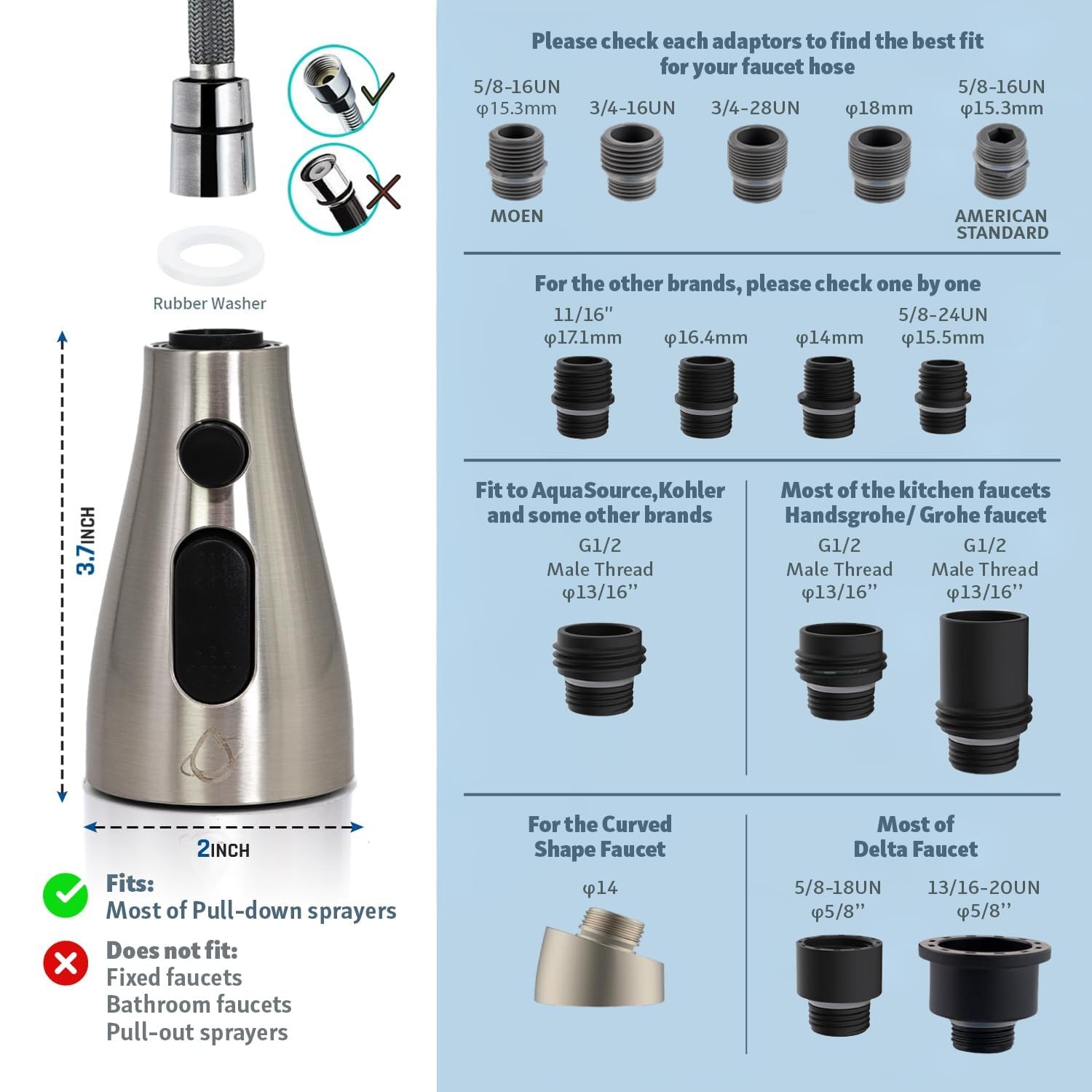 EcoKitchen5Stars Universal Pull-Down Kitchen Faucet Head ‎Brushed Nickel