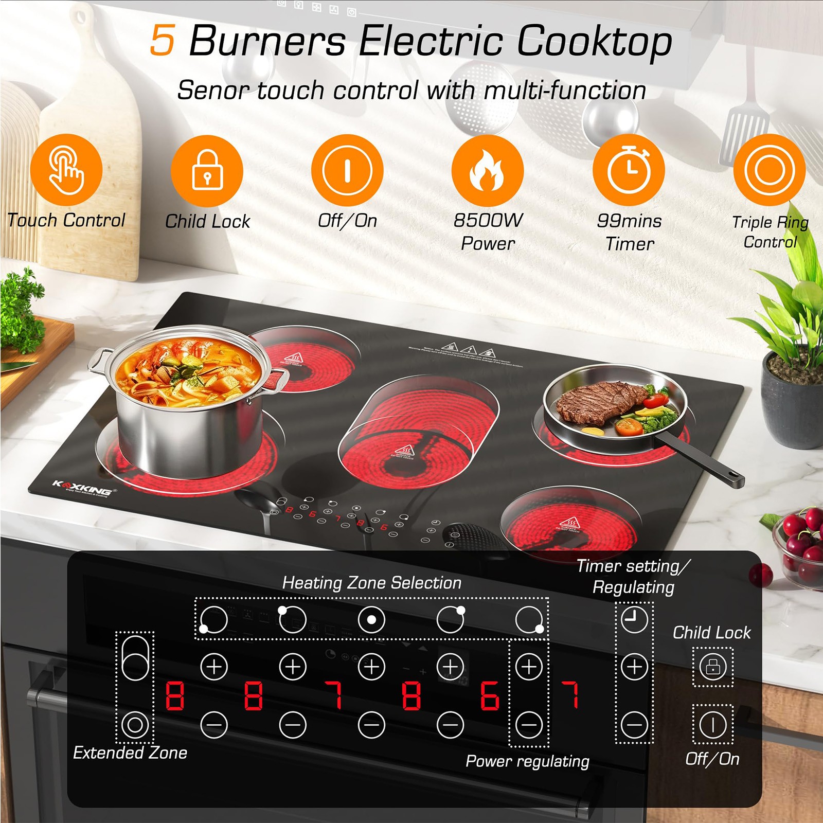 Built-in Electric Ceramic Cooktop 30 in Glass Stove With 5 burner 220-240V 8400W