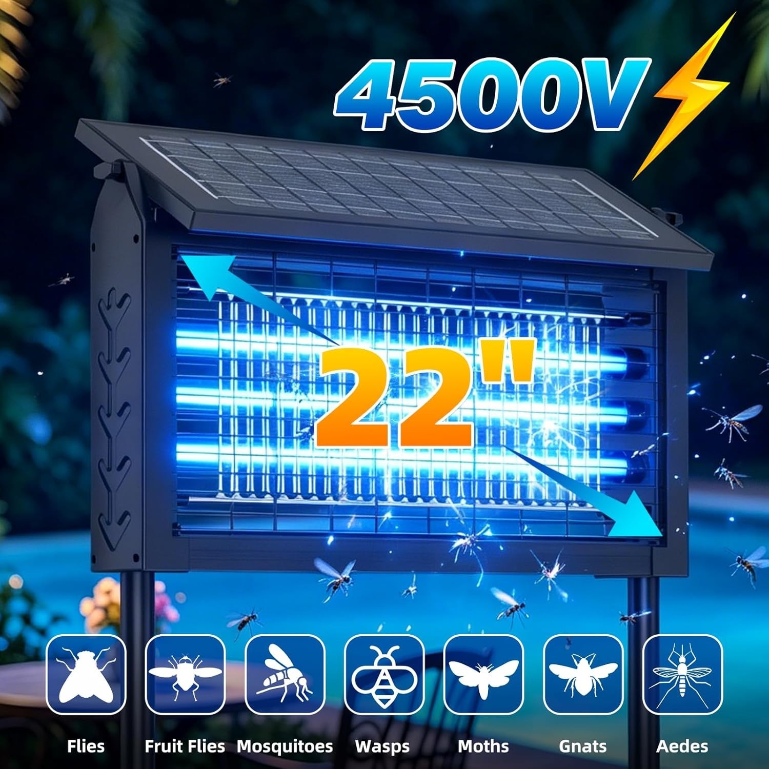 Solar Bug Zapper Outdoor Cordless Fly Trap Insect Zapper 4500V Mosquito Zapper