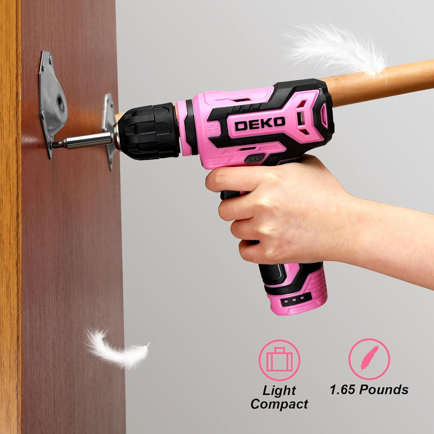 DEKOPRO 12V Cordless Power Drill Set, Pink, 800RPM Electric Drill with Tool Kit