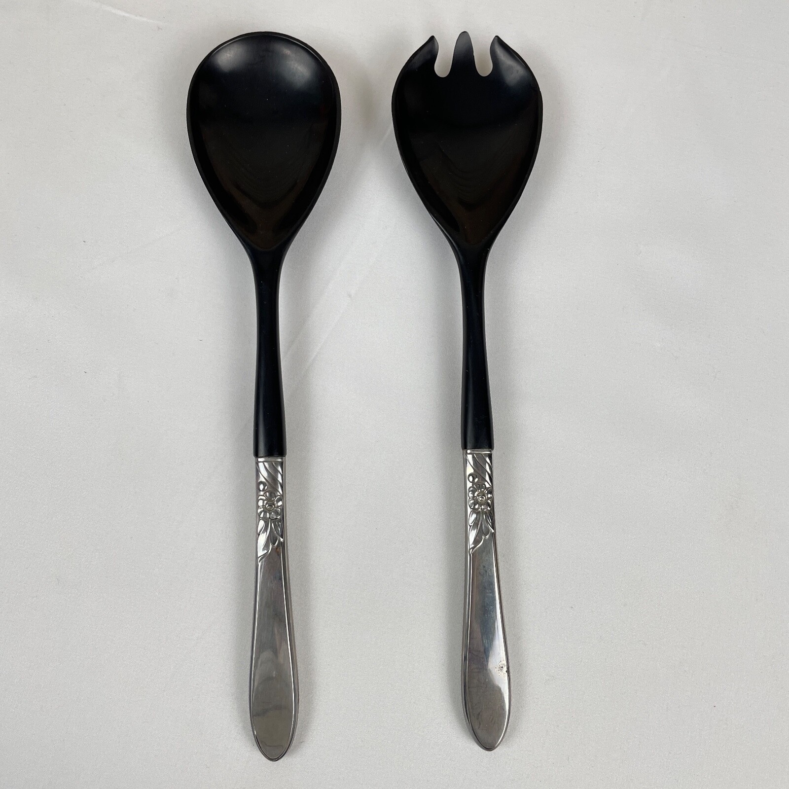 Vintage Salad Serving Utensil Set Plastic & Metal Floral Pattern