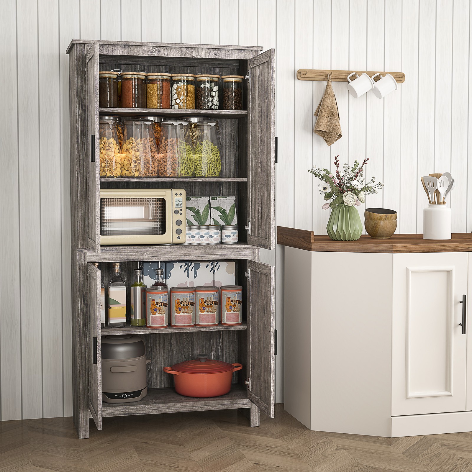 64″ 4-Door Freestanding Kitchen Pantry Cabinet with 5-Tier Shelves,Refurbised
