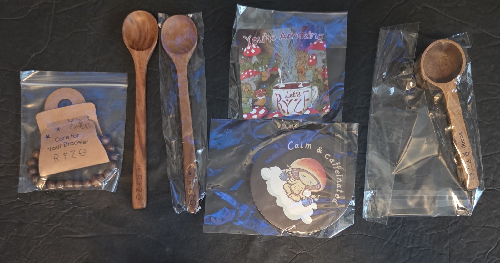 RYZE Mushroom Coffee Merch Bundle – Wooden Spoon, Scoop, Coasters, Magnet,…
