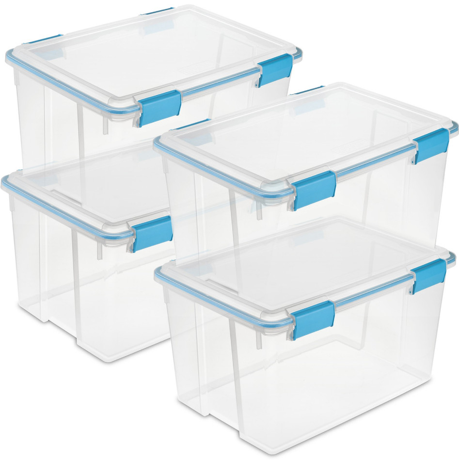 Sterilite 54 Quart Gasket Box, Stackable Storage Bin with Latching Lid, 4 Pack