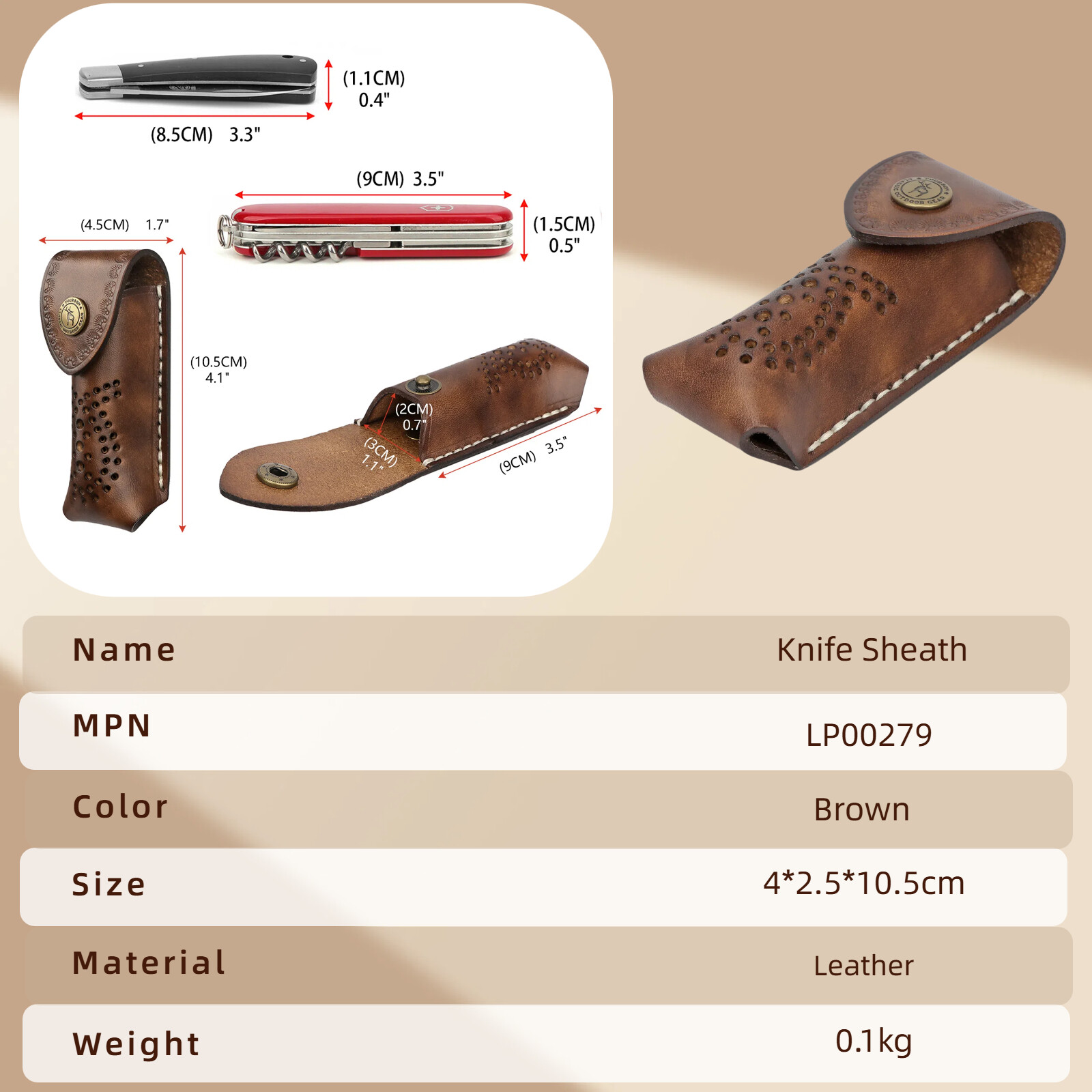 TOURBON Leather 3.5in Folding Blade Knife Sheath Knives Case Belt Pouch Holster