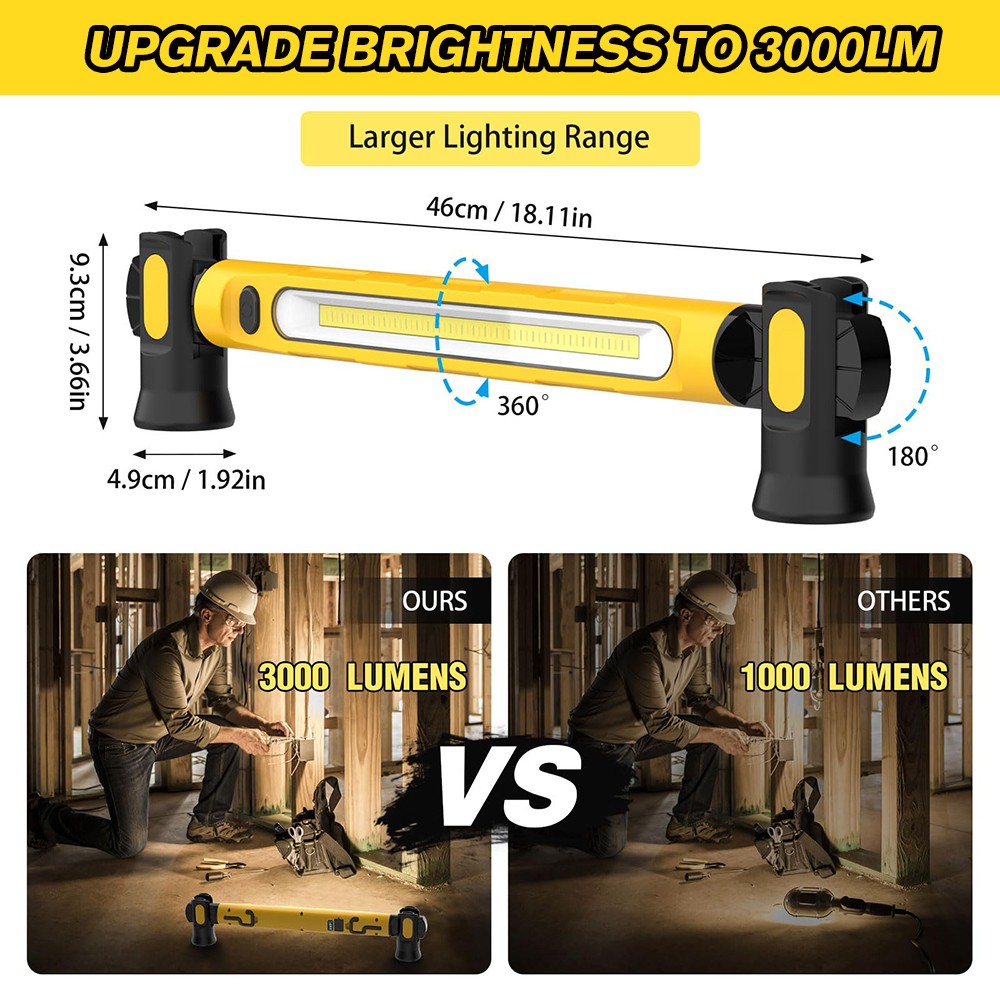 Under Hood Work Light Bar 3000LM LED Magnetic Light Bar with Hooks Rechargeable
