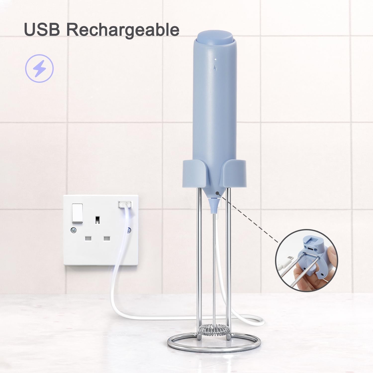 Rechargeable Electric Milk Frother with Stand – Handheld Coffee Whisk