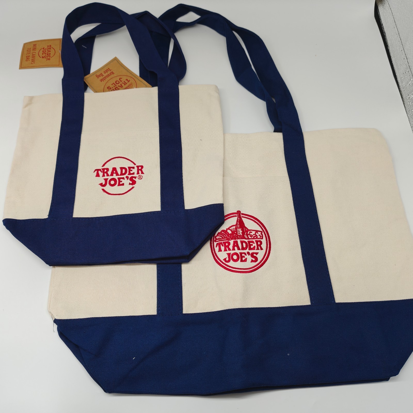 TRADER JOE’S MINI AND LARGE CANVAS BAG HEAVY COTTON REUS SHOPPING BAG NAVY BLUE