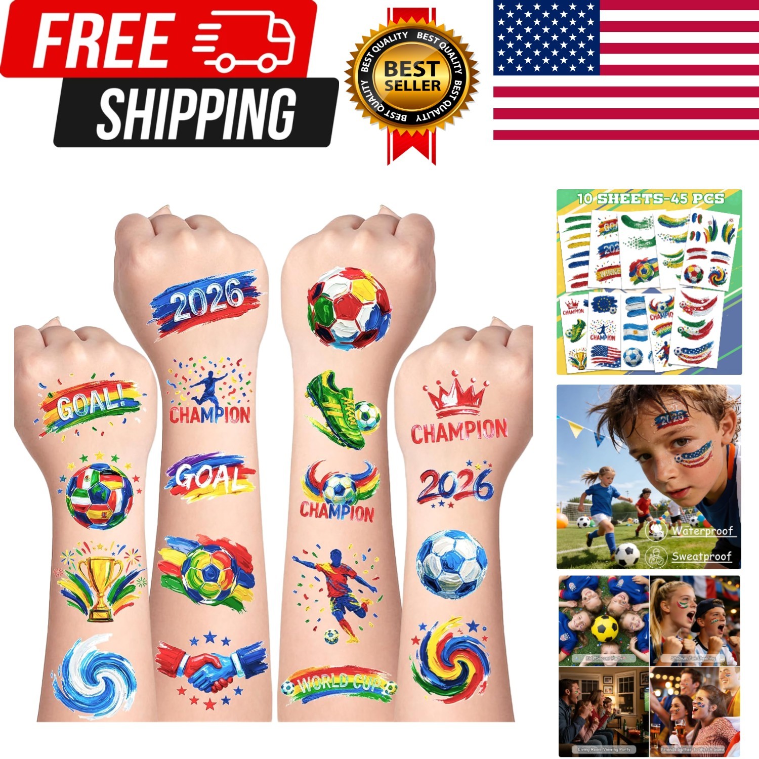 45 Pcs Soccer Tattoos for Kids, Teens, Adults – World Cup 2026 Merchandise, W…