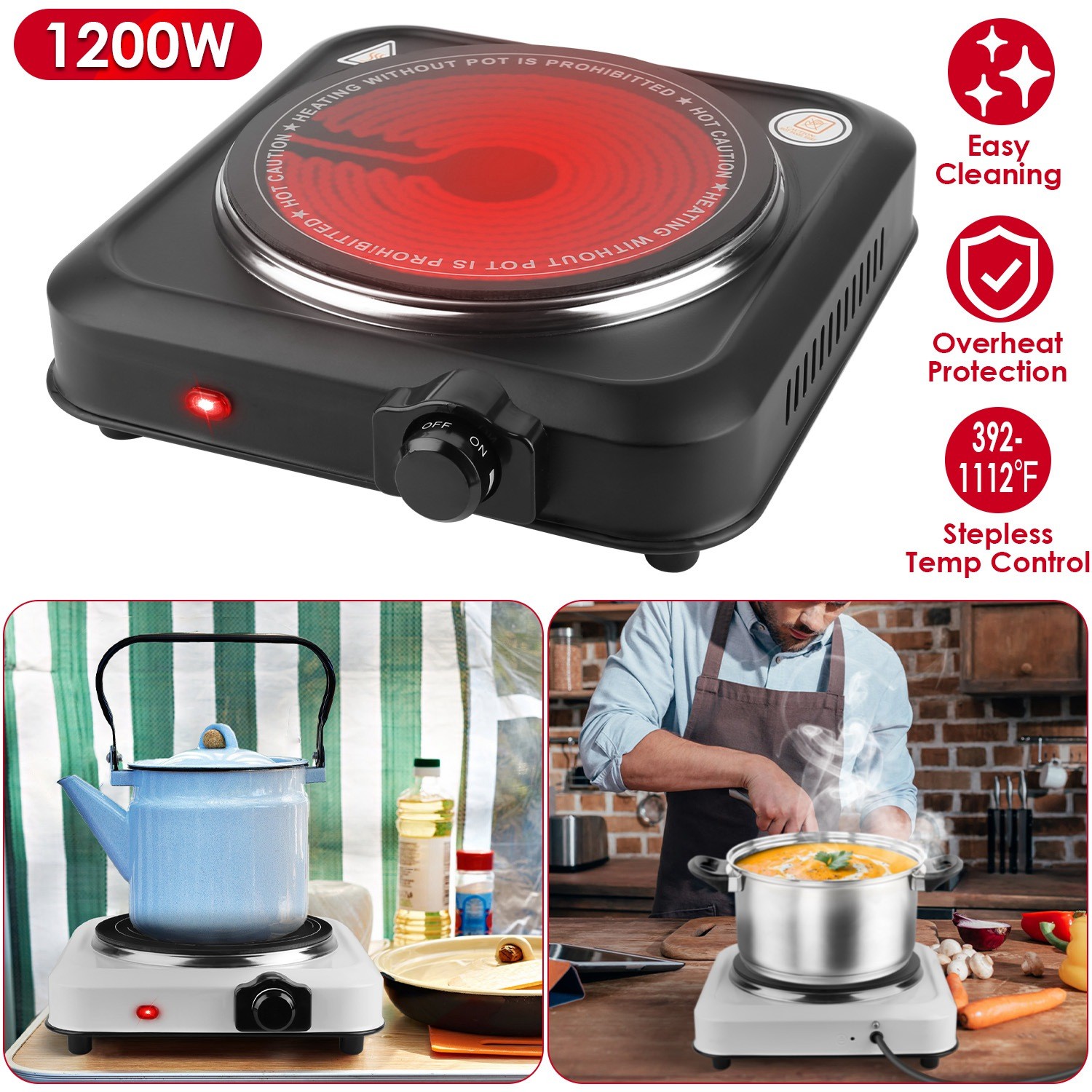 Adjustable Temperature Electric Burner Countertop Hot Plate Cooktop Stove