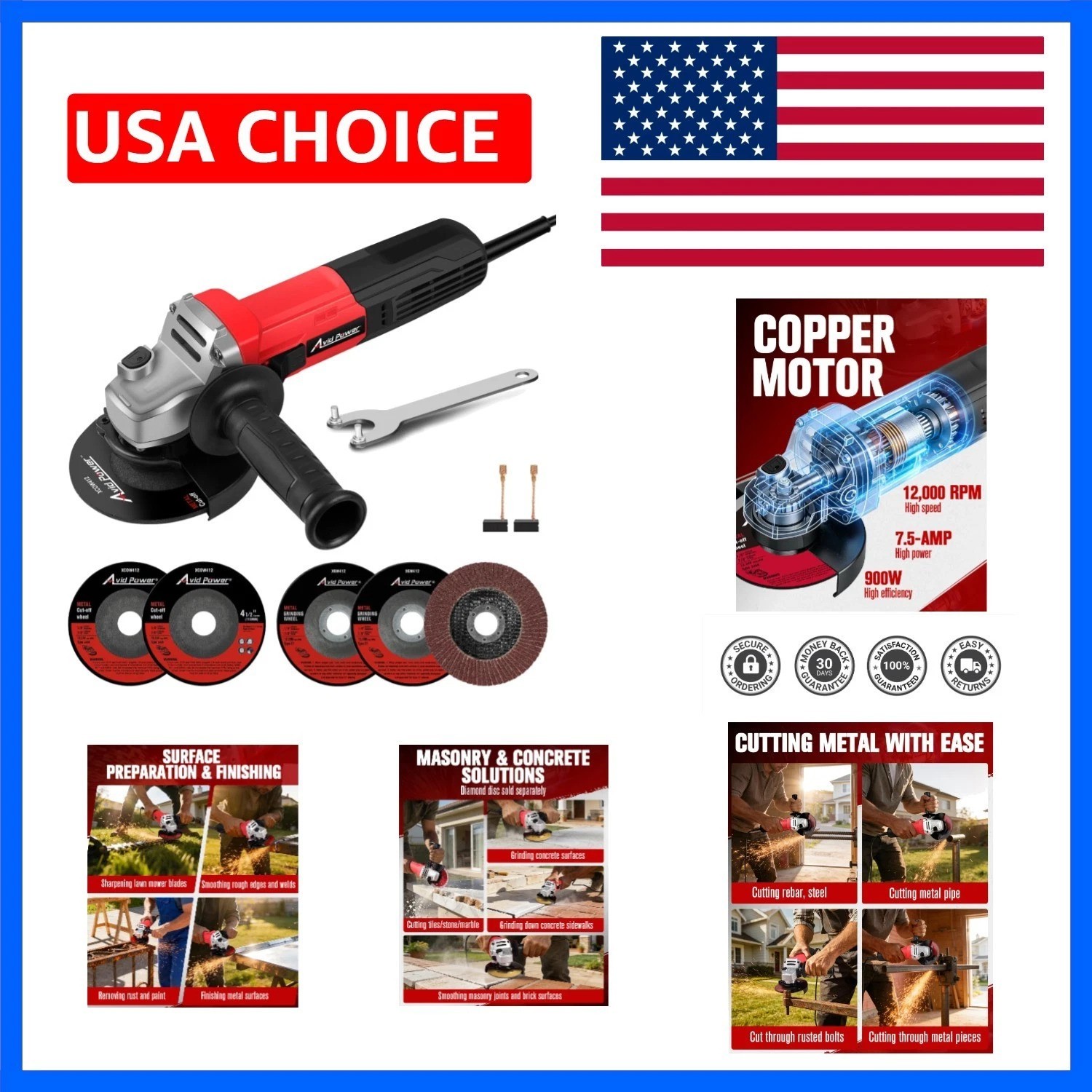 Angle Grinder, 7.5-Amp 4-1/2 inch Electric Grinder Power Tools with Grinding …