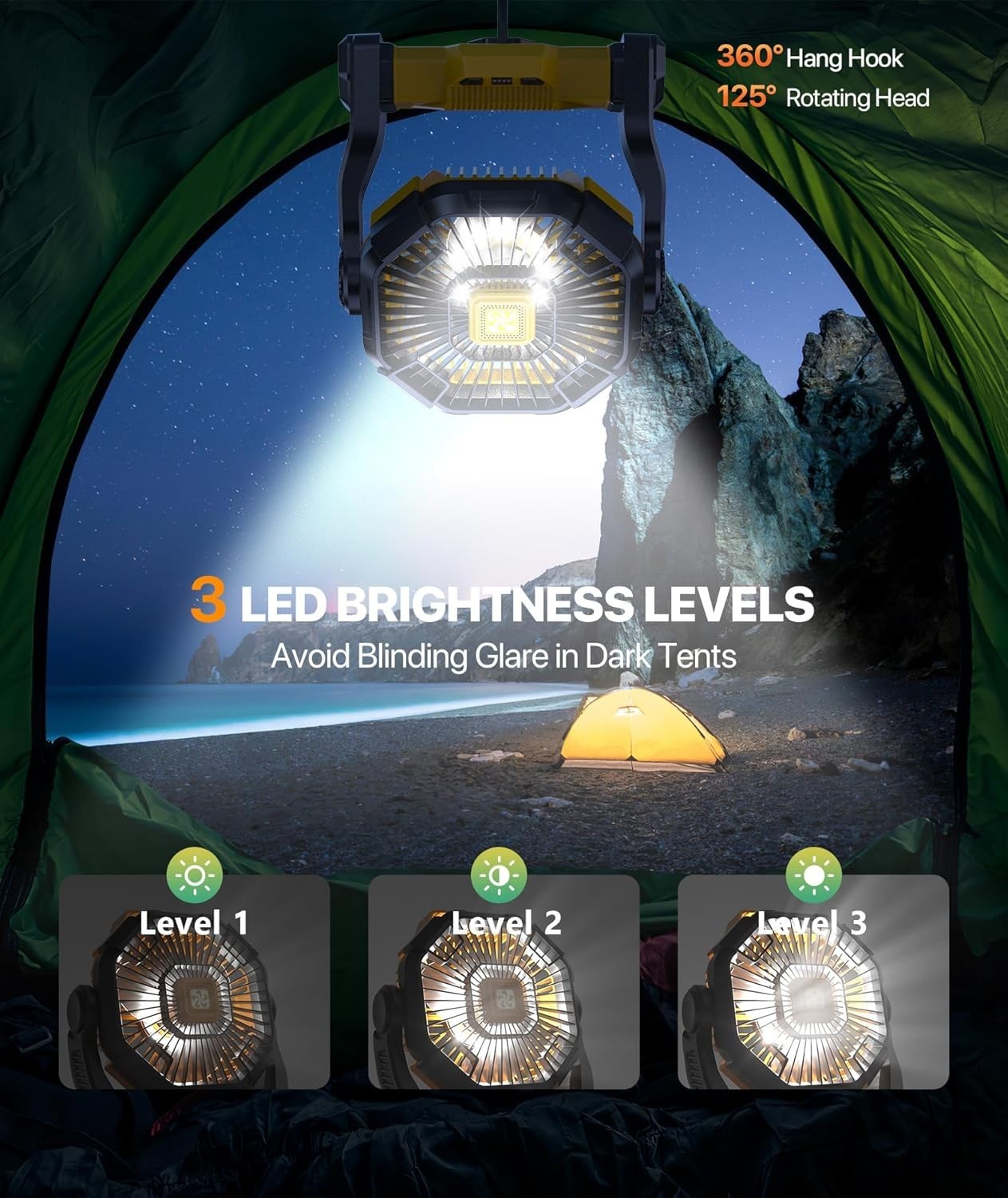 Camping Fan with LED Lantern USB Rechargeable Battery Powered Tent Fan Portable