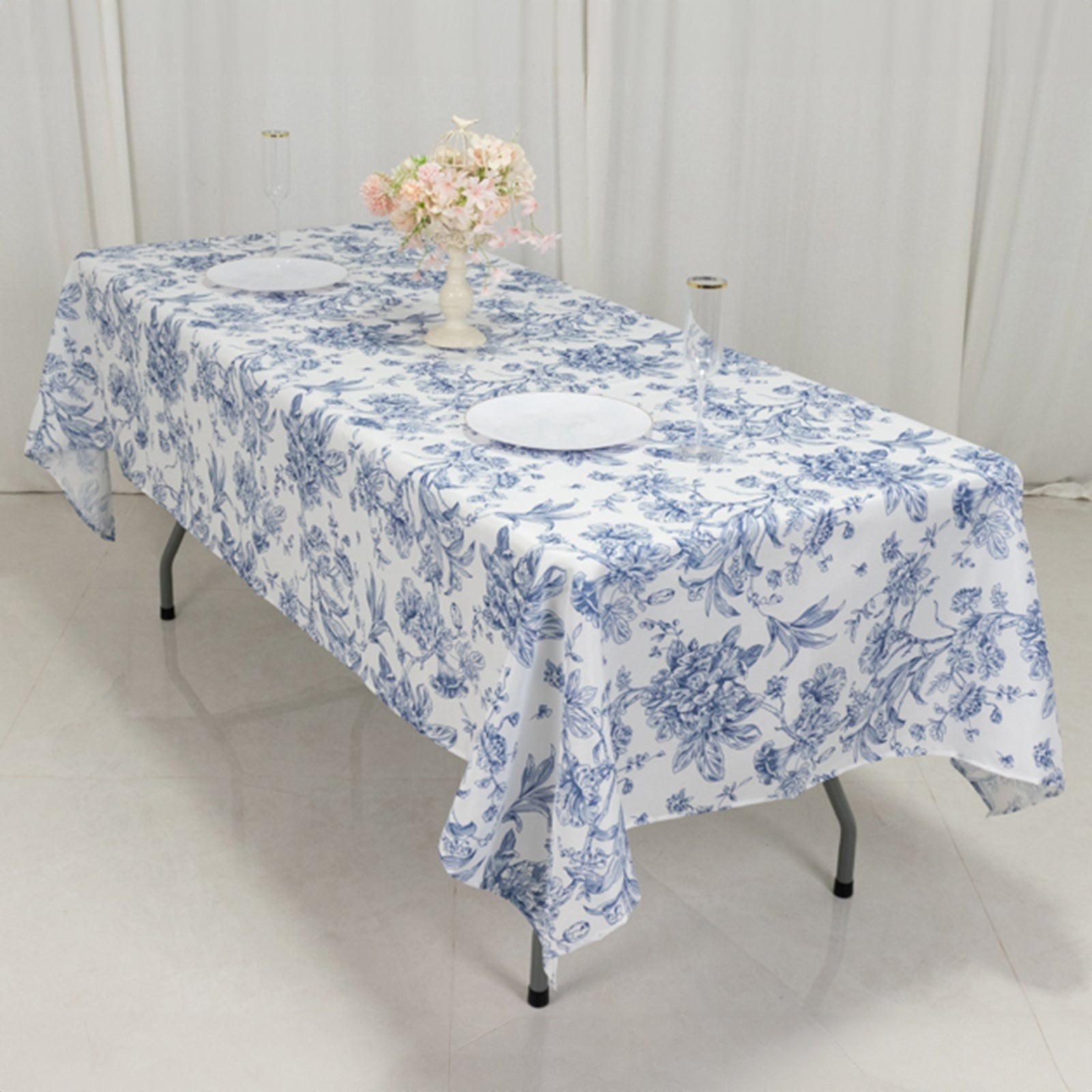 60″ x 102″ Blue French Toile Pattern Polyester Rectangular Tablecloth