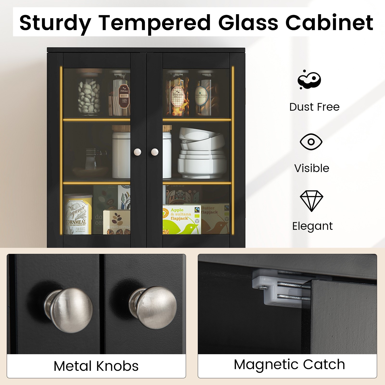 63.5″ Tall Kitchen Pantry Storage Cabinet w/ Glass Door Storage Shelves Black