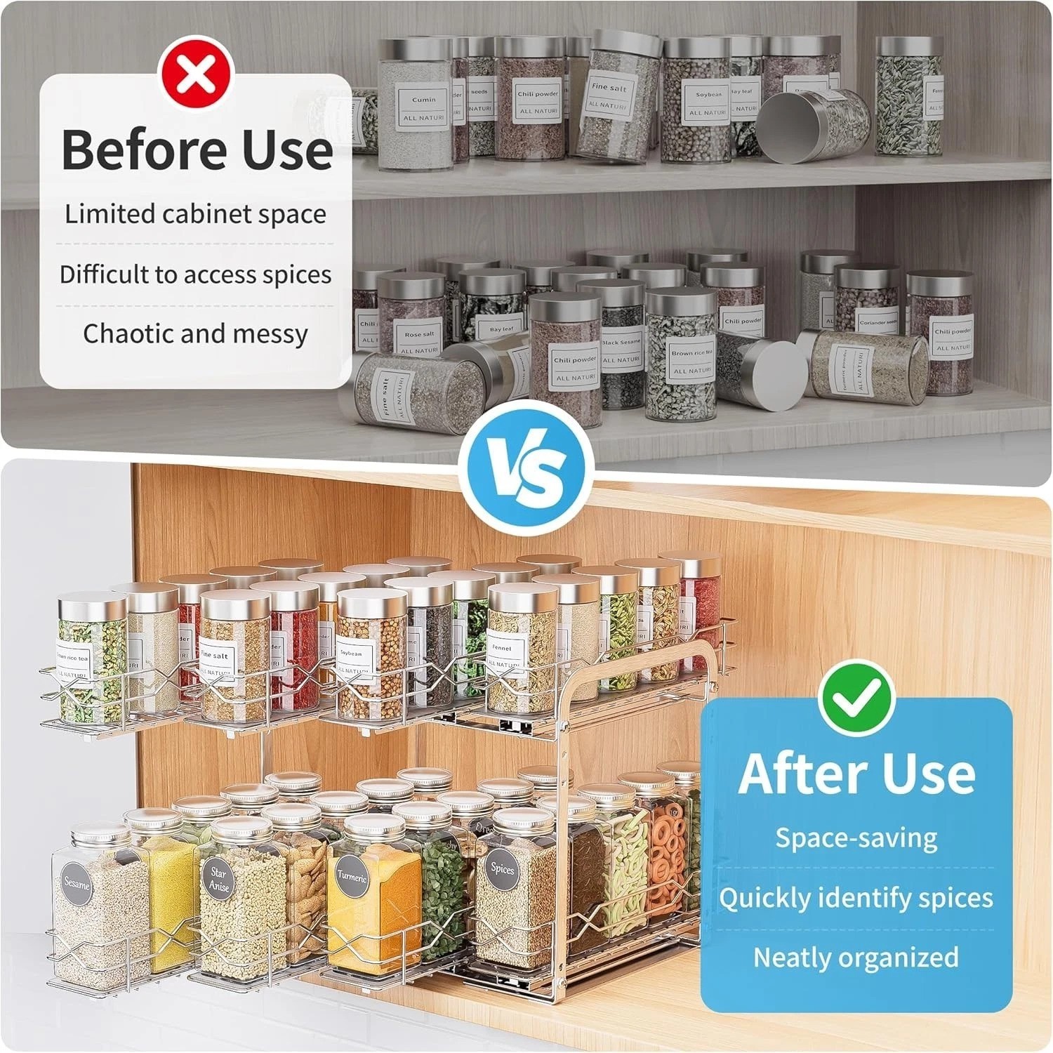 Heavy Duty Chrome Spice Rack Organizer – 2 Tier Pull Out Cabinet Storage, 11″W