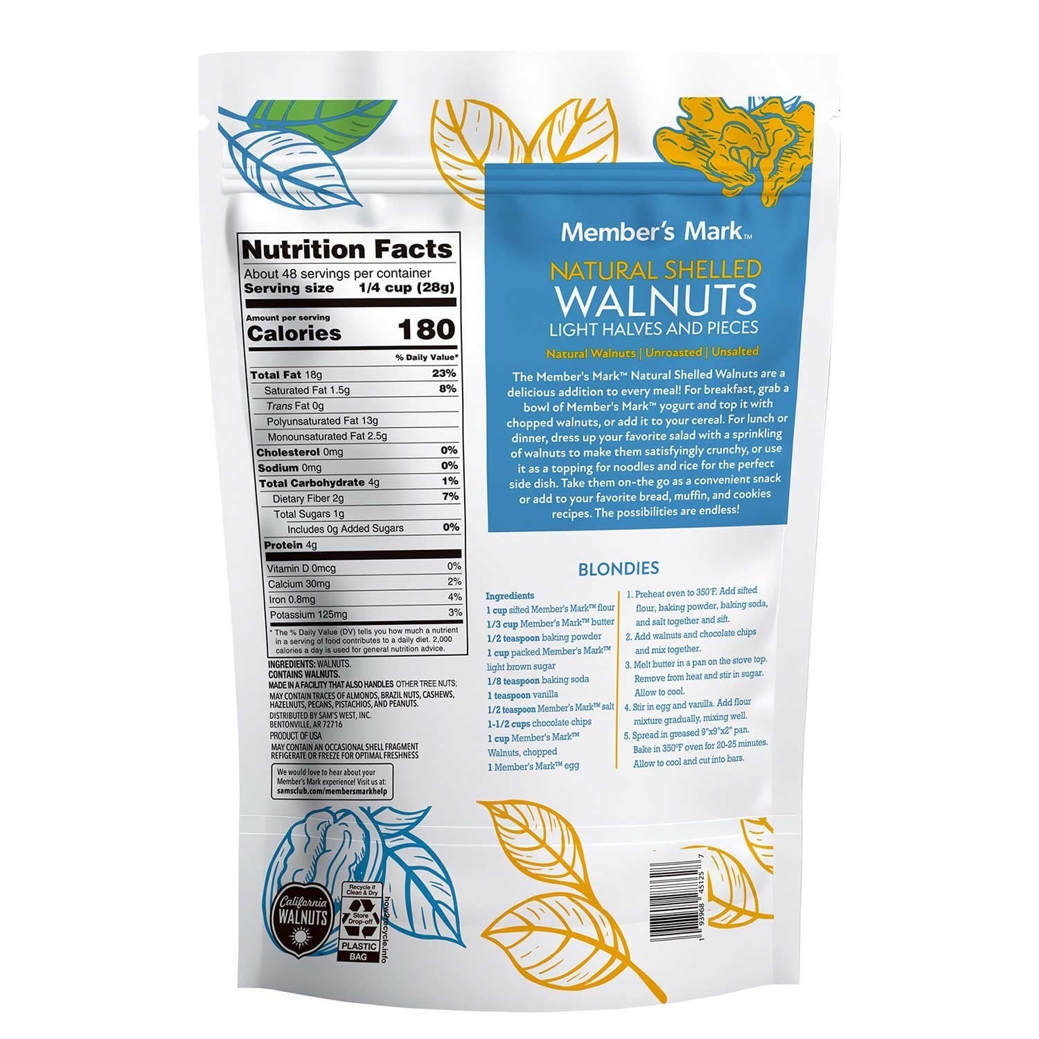 Member’s Mark Natural Shelled Walnuts, 48 oz. 3 lb Light Halves & Pieces, SELECT