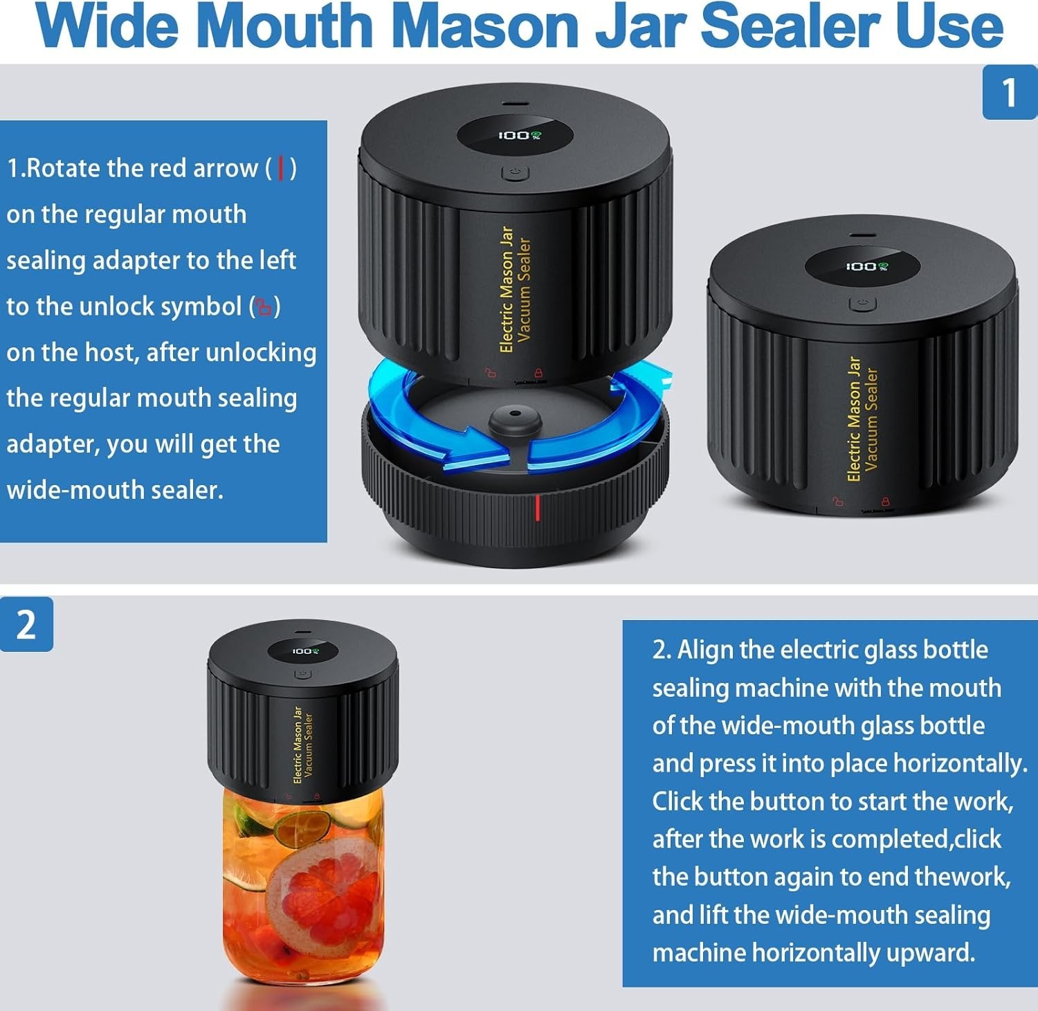 Electric Mason Jar Vacuum Sealer Kit Wide & Regular Mouth for Mason Jars Lid