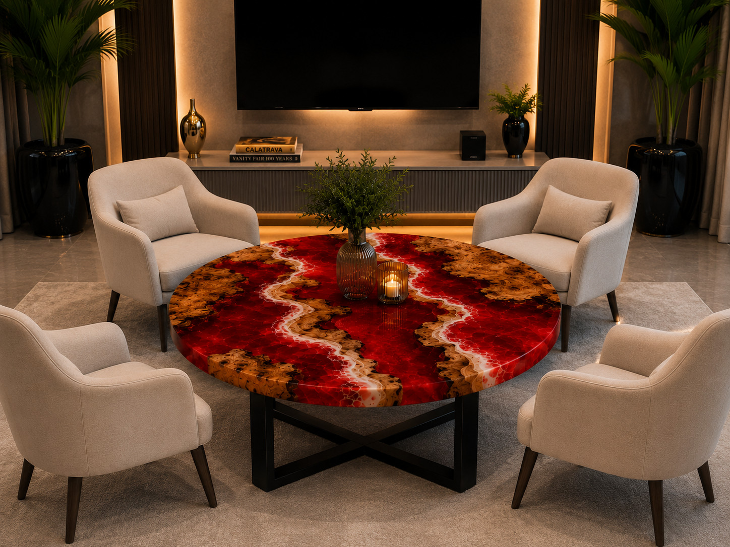 Red Epoxy Resin Round Table Handmade Solid River Wood Custom Hallway Furniture