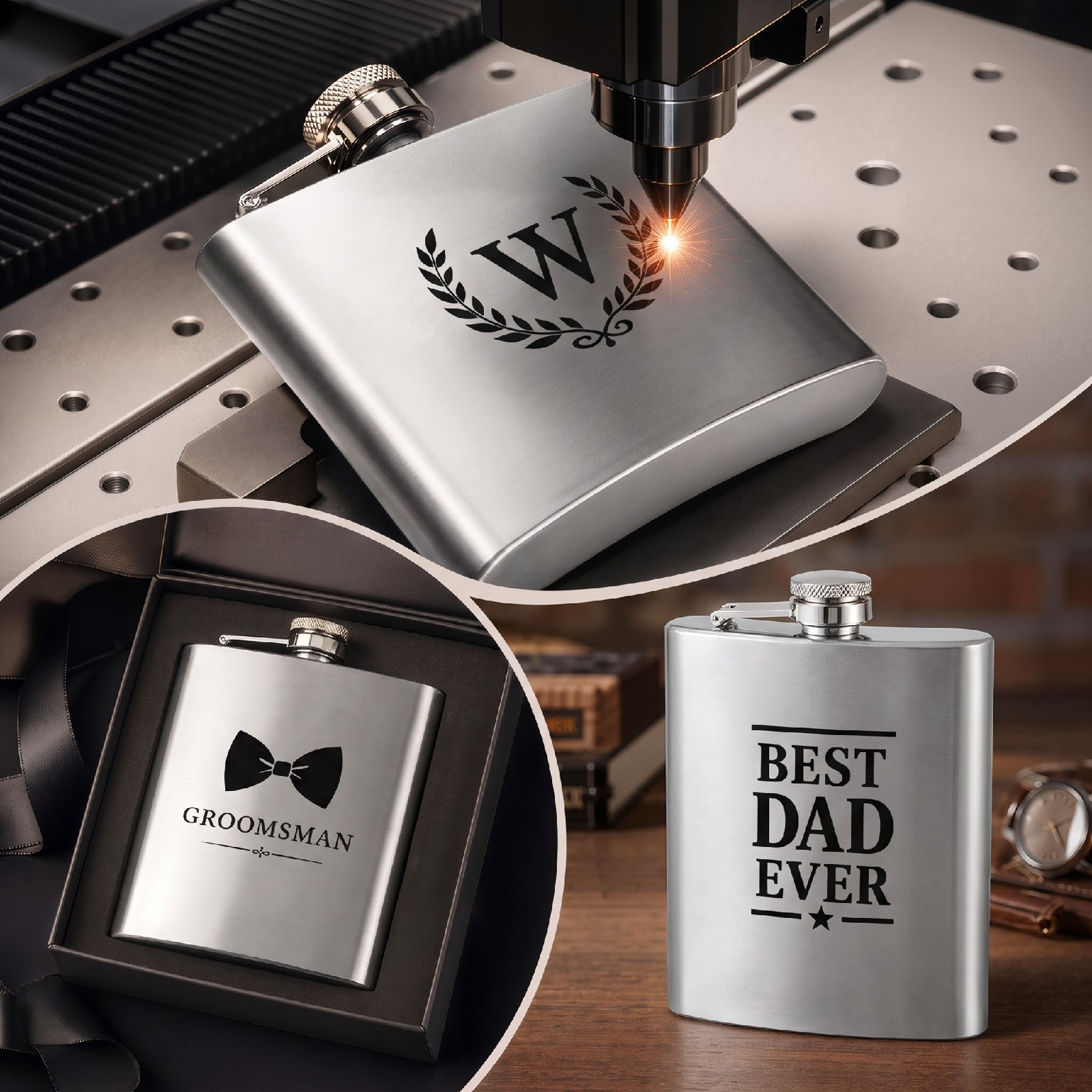 Ultrarayc 2PCS 6oz Silver Hip Flask Set Stainless Steel Liquor Pocket Flask Gift