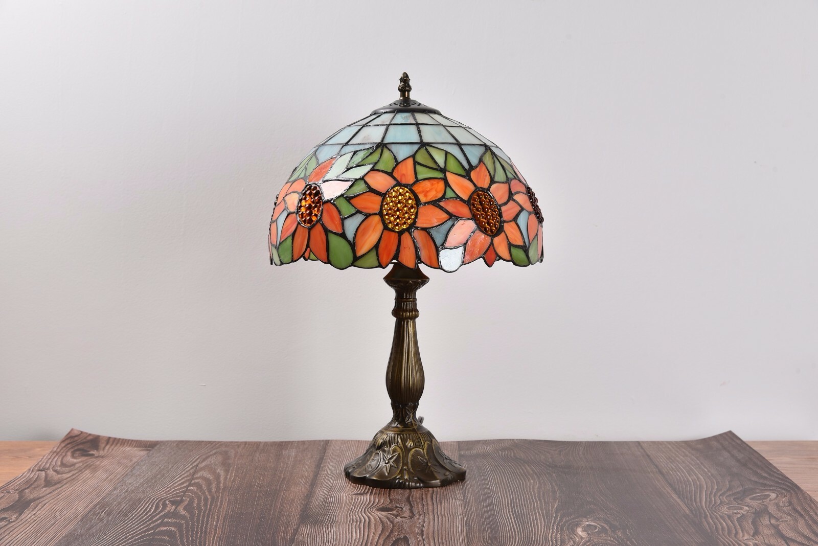 Retro Tiffany Table Lamp Sunflower Style Stained Glass Bedside Lamp H 18″ H 14″